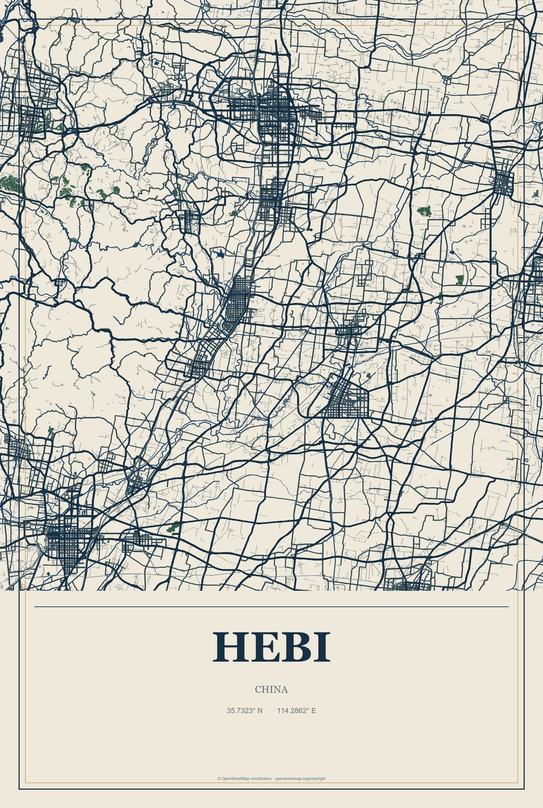 Hebi, China City Map Aluminum Sign in Coastal Cutout style