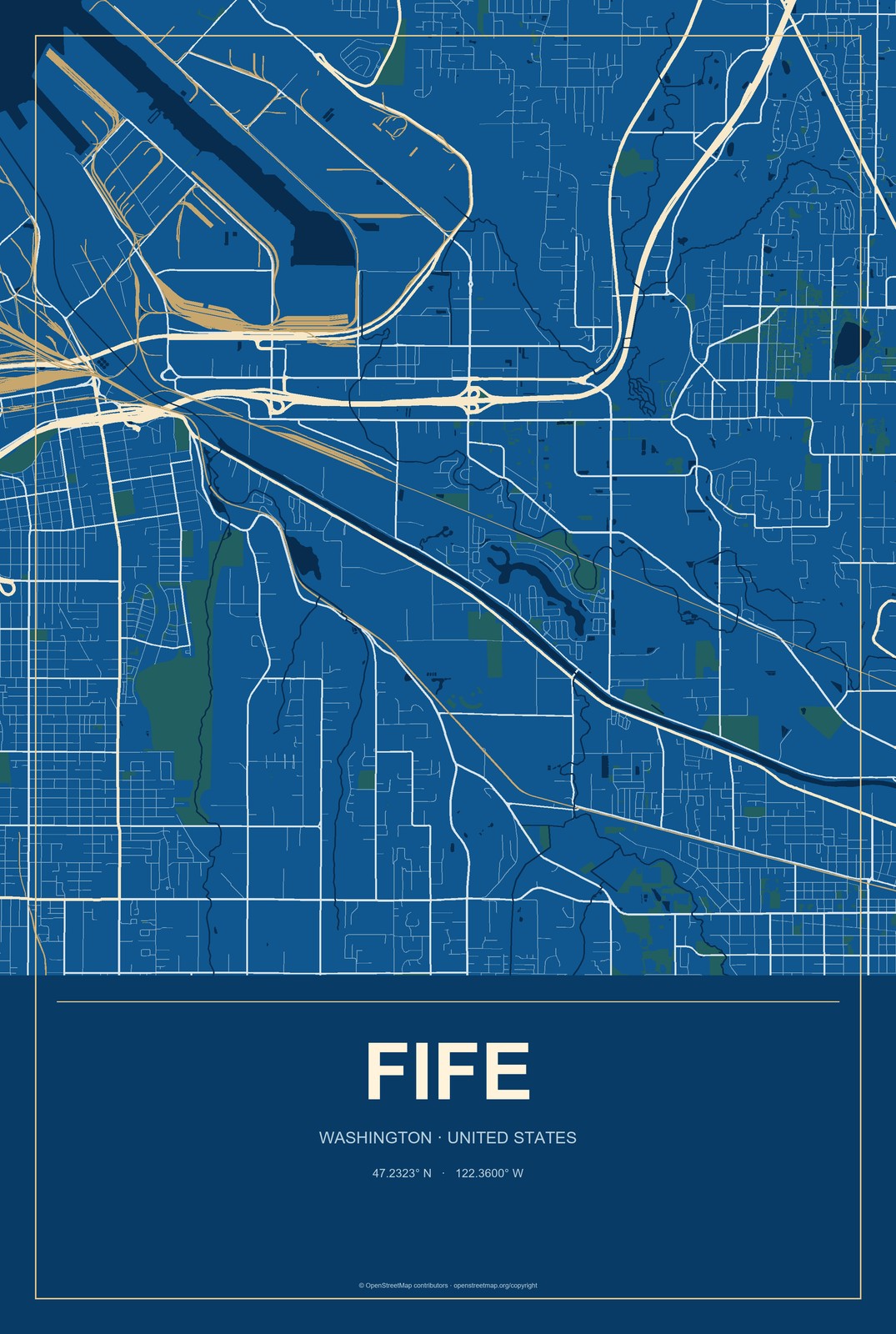 Fife, Washington City Map Aluminum Sign in Harbor Cobalt style