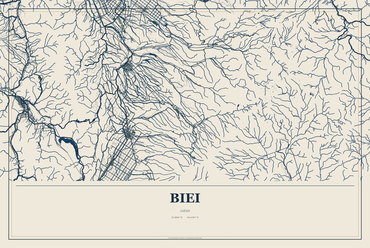 Biei, Japan City Map Aluminum Sign in Coastal Cutout style