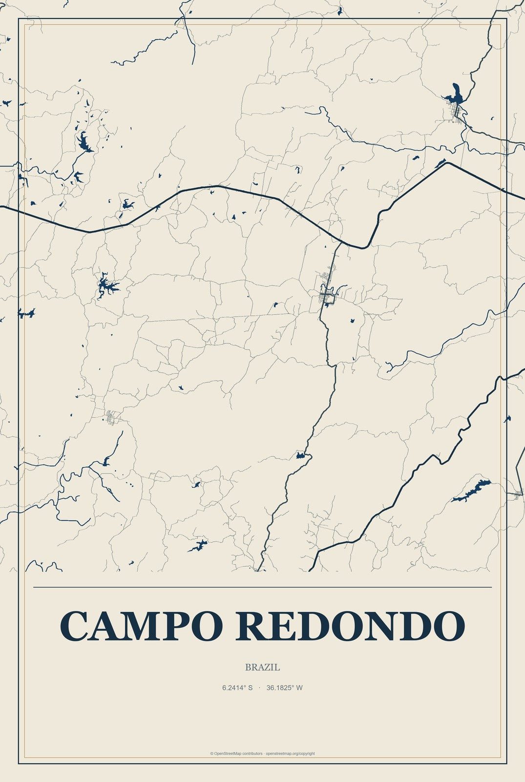 Campo Redondo, Brazil City Map Aluminum Sign in Coastal Cutout style