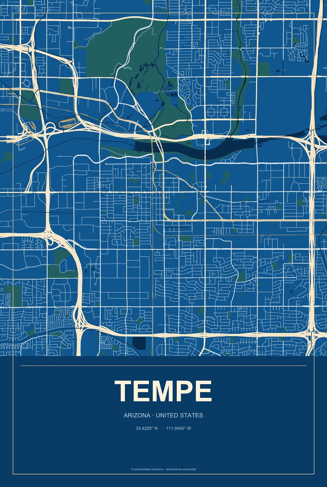 Tempe, Arizona City Map Aluminum Sign in Harbor Cobalt style