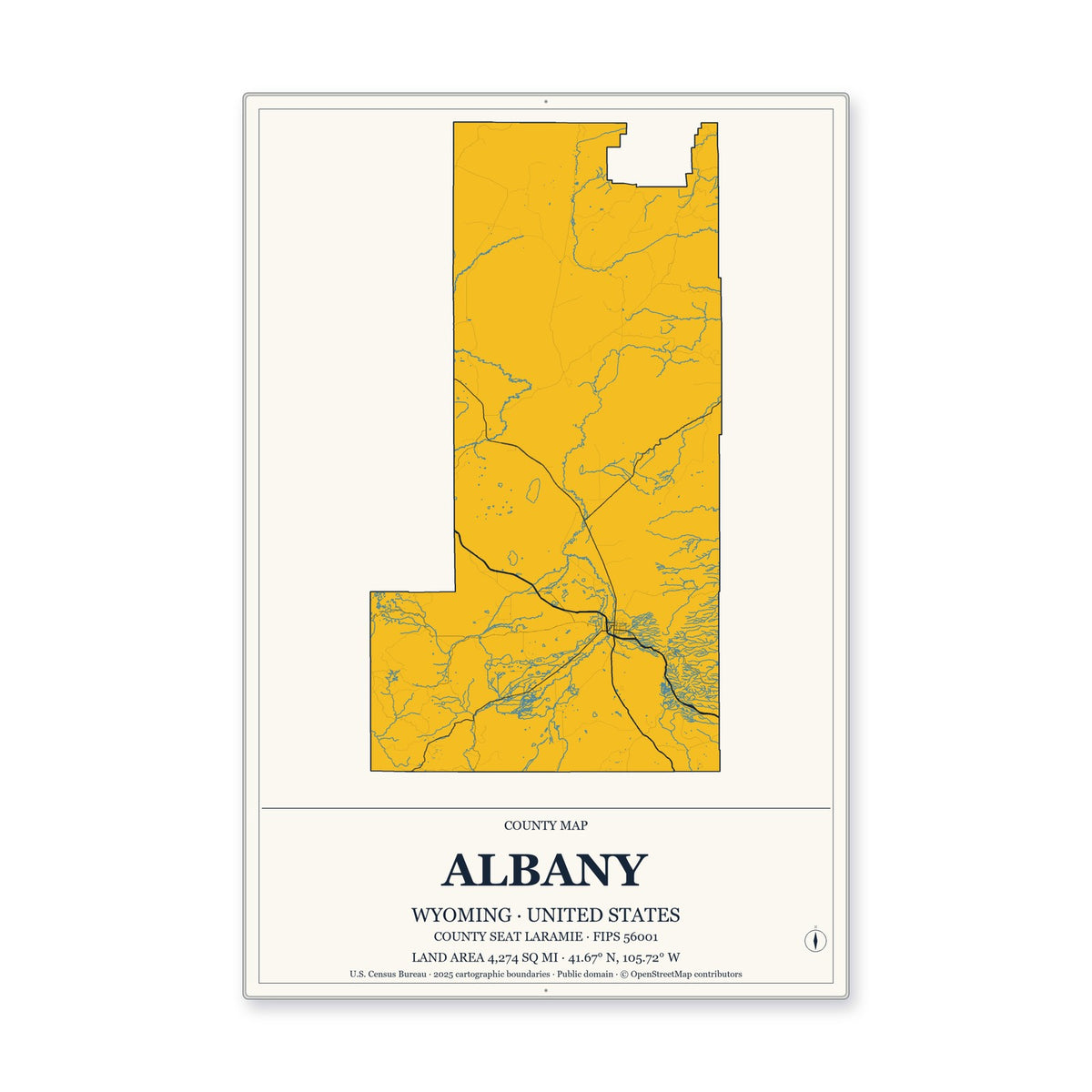 Albany County, Wyoming Map Aluminum Sign in Citrine Modern style