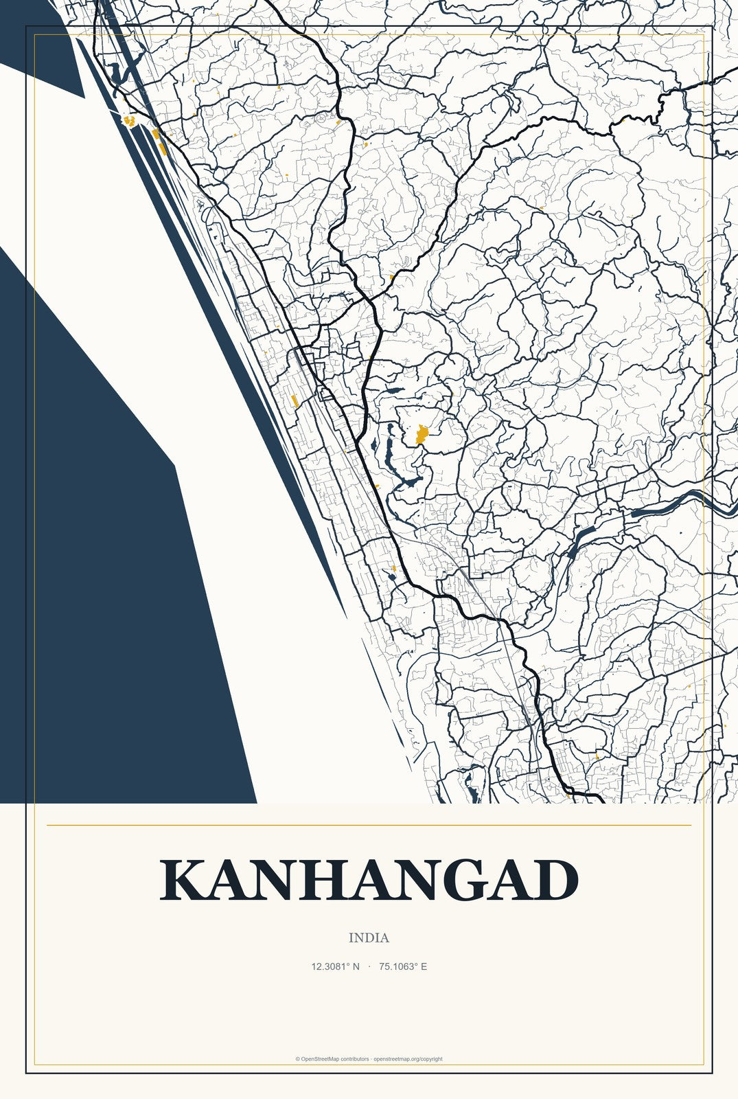 Kanhangad, India City Map Aluminum Sign in Citrine Modern style