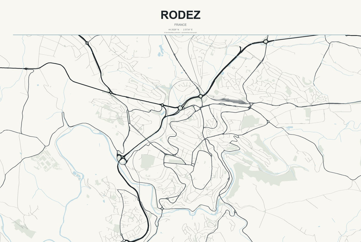 Rodez, France City Map Aluminum Sign in Headline Atlas style