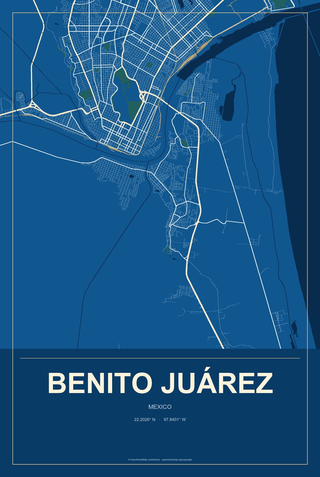 Benito Juárez, Veracruz, Mexico City Map Aluminum Sign in Harbor Cobalt style