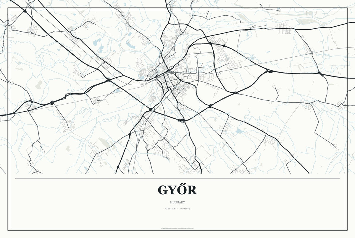 Győr, Hungary City Map Aluminum Sign in Gallery Air style