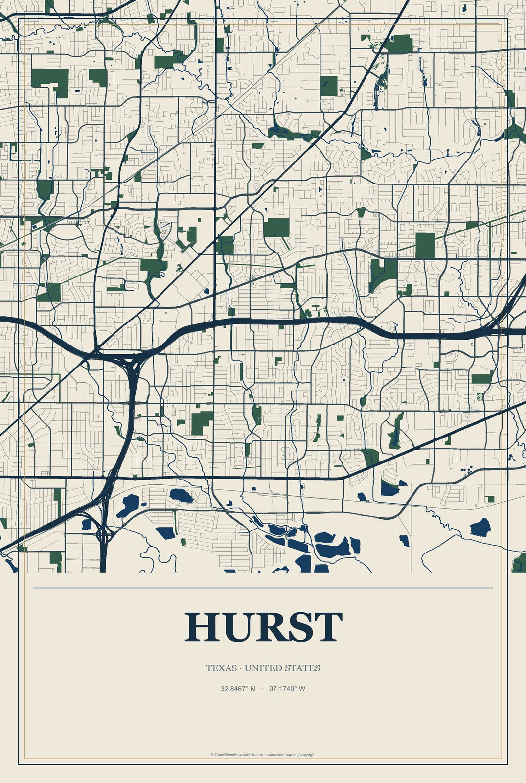 Hurst, Texas City Map Aluminum Sign in Coastal Cutout style