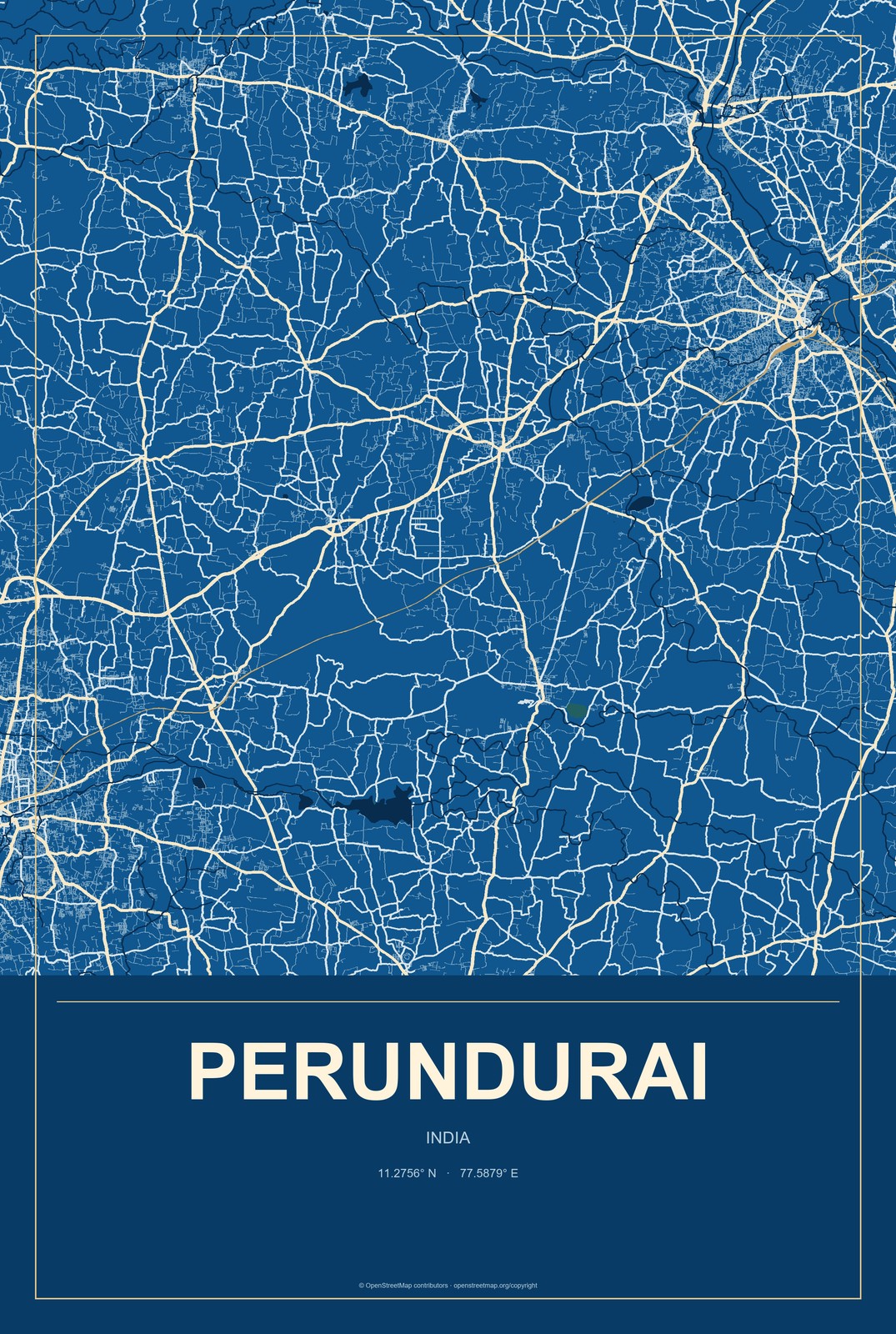Perundurai, India City Map Aluminum Sign in Harbor Cobalt style