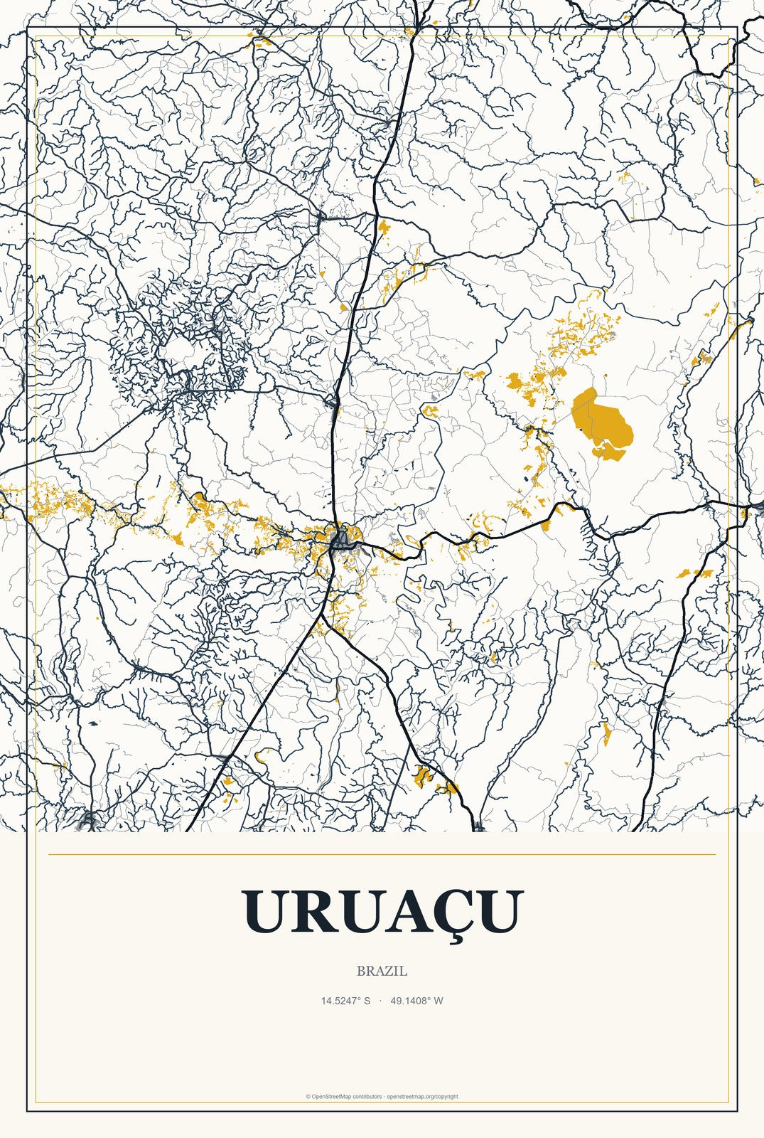 Uruaçu, Brazil City Map Aluminum Sign in Citrine Modern style