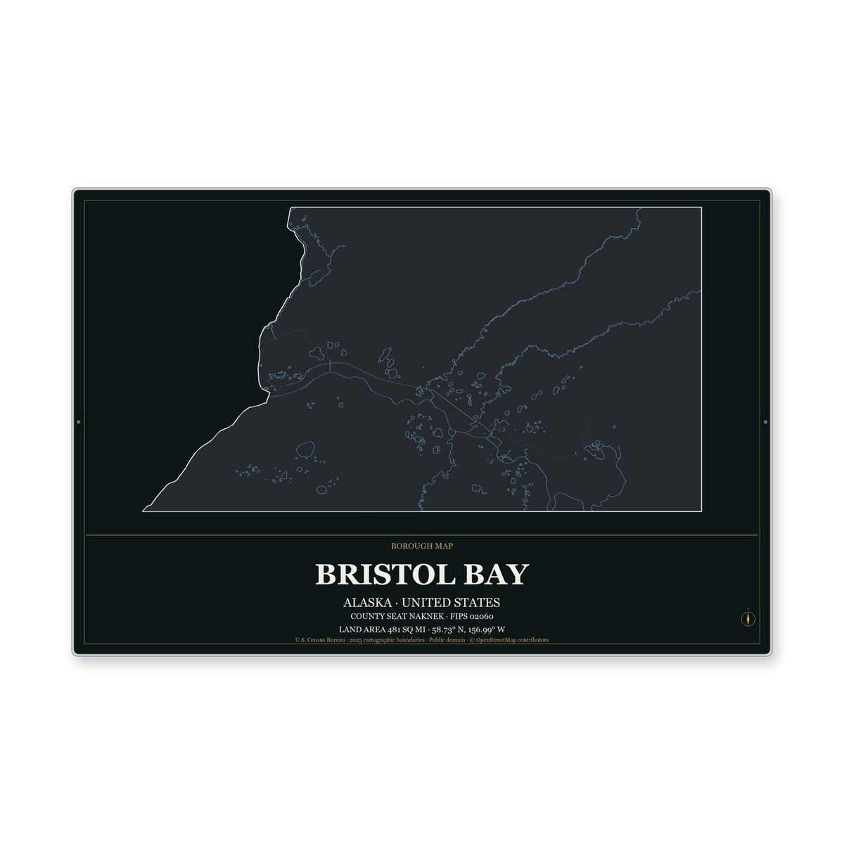 Bristol Bay Borough, Alaska Map Aluminum Sign in Metropolitan Noir style