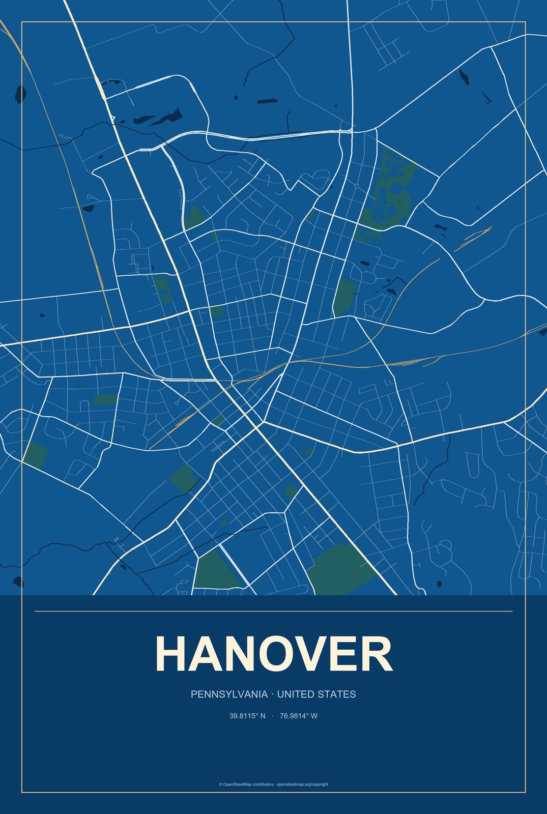Hanover, Pennsylvania City Map Aluminum Sign in Harbor Cobalt style