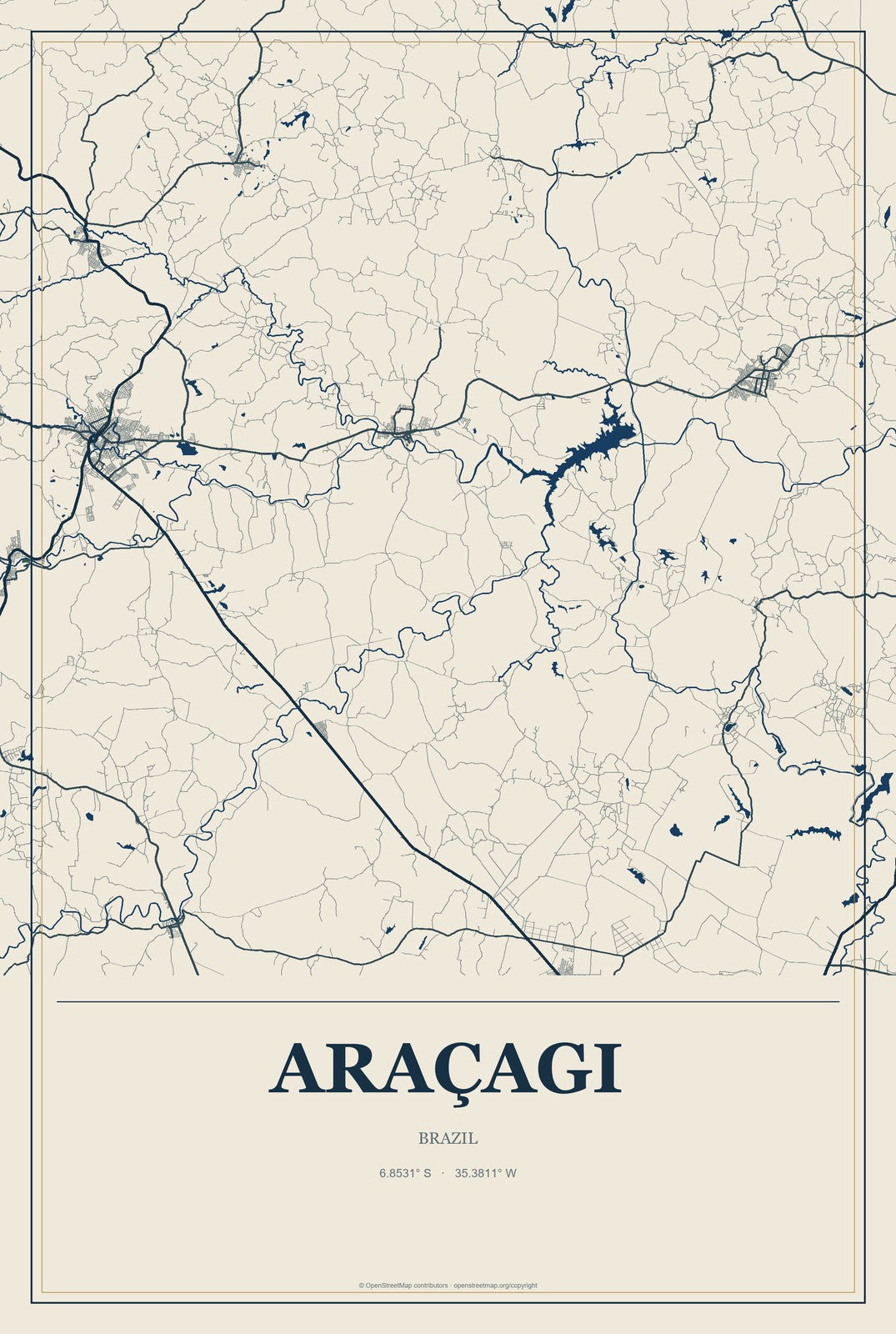 Araçagi, Brazil City Map Aluminum Sign in Coastal Cutout style