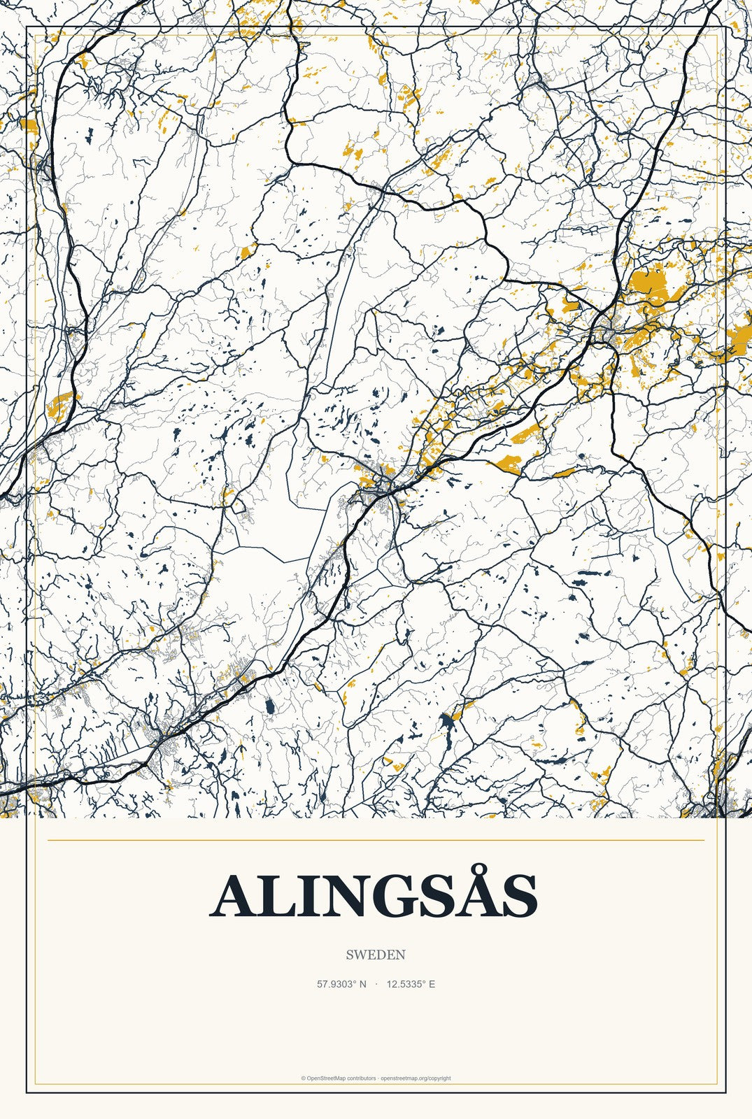 Alingsås, Sweden City Map Aluminum Sign in Citrine Modern style