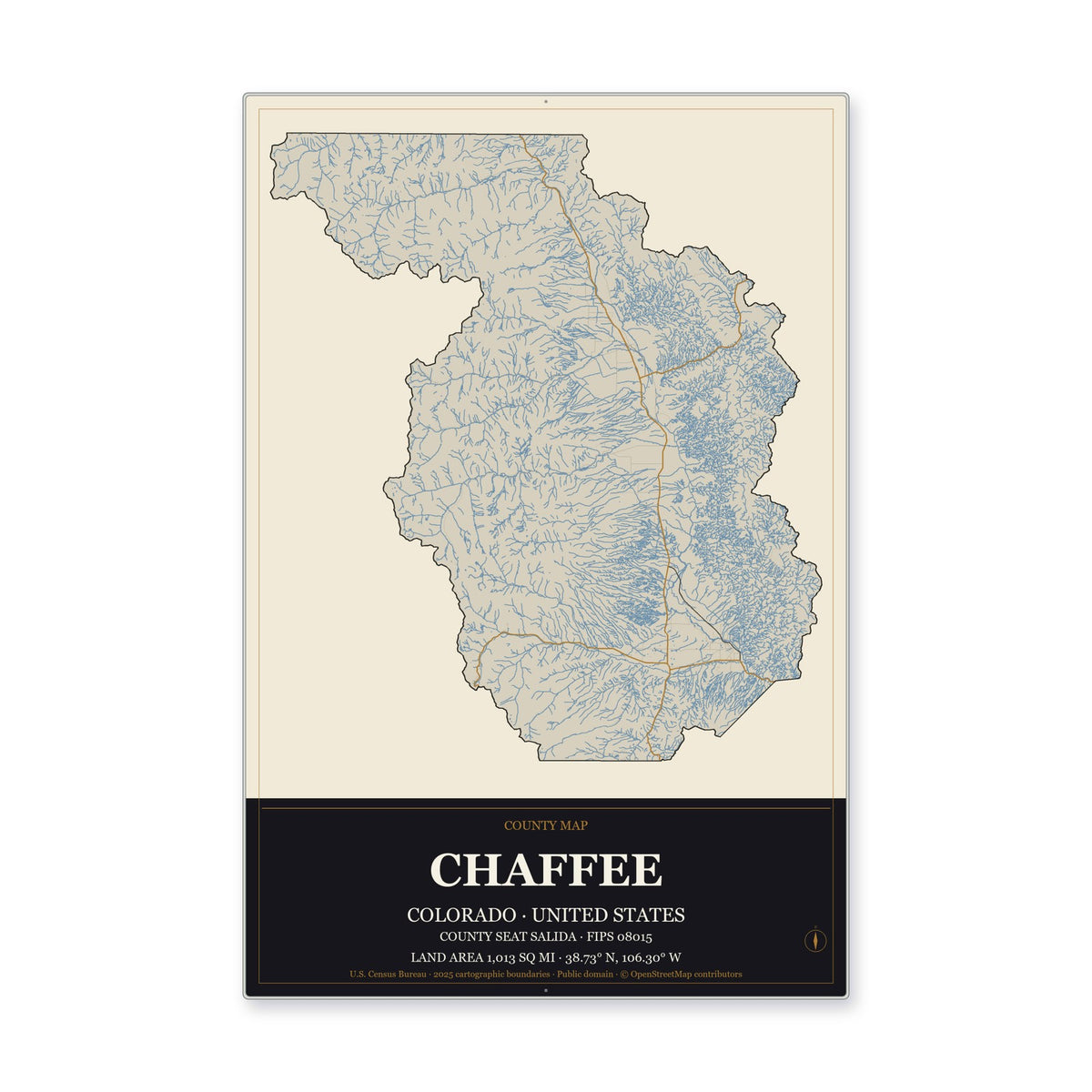 Chaffee County, Colorado Map Aluminum Sign in Museum Plaque style