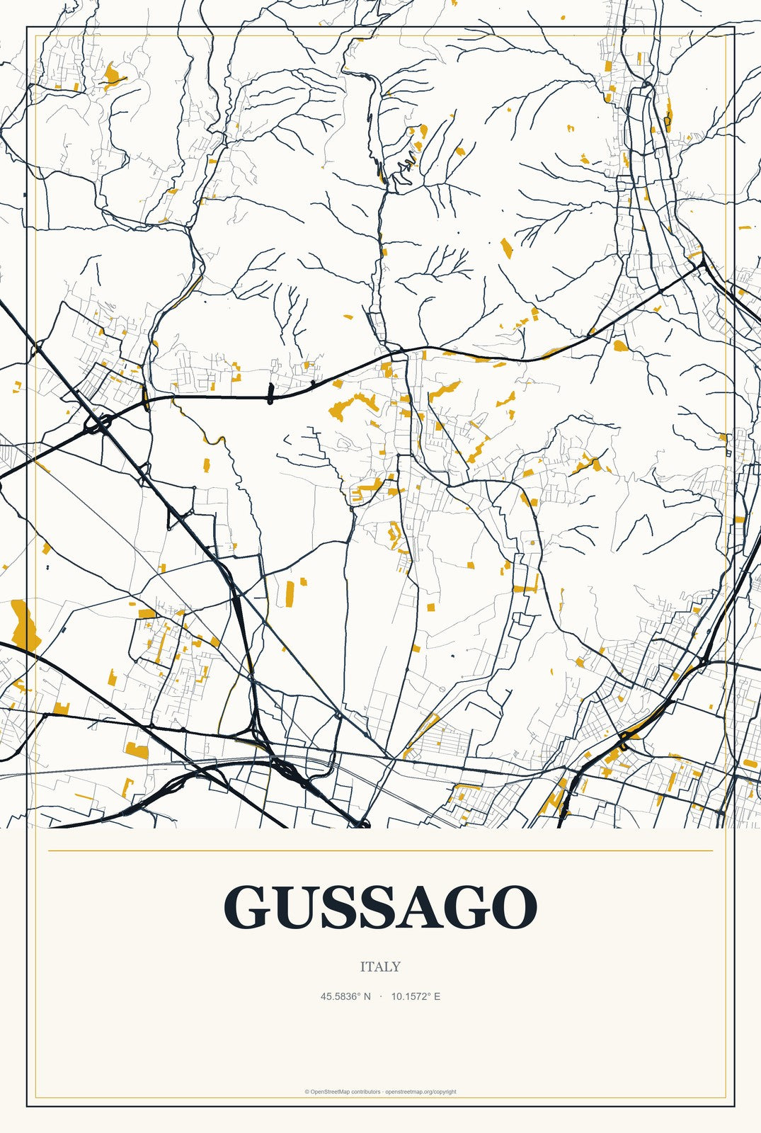 Gussago, Italy City Map Aluminum Sign in Citrine Modern style