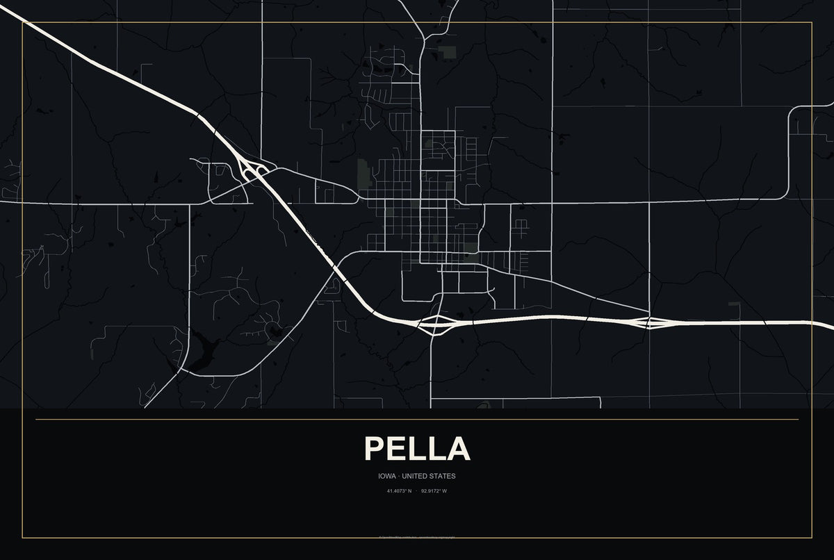 Pella, Iowa City Map Aluminum Sign in Metropolitan Noir style