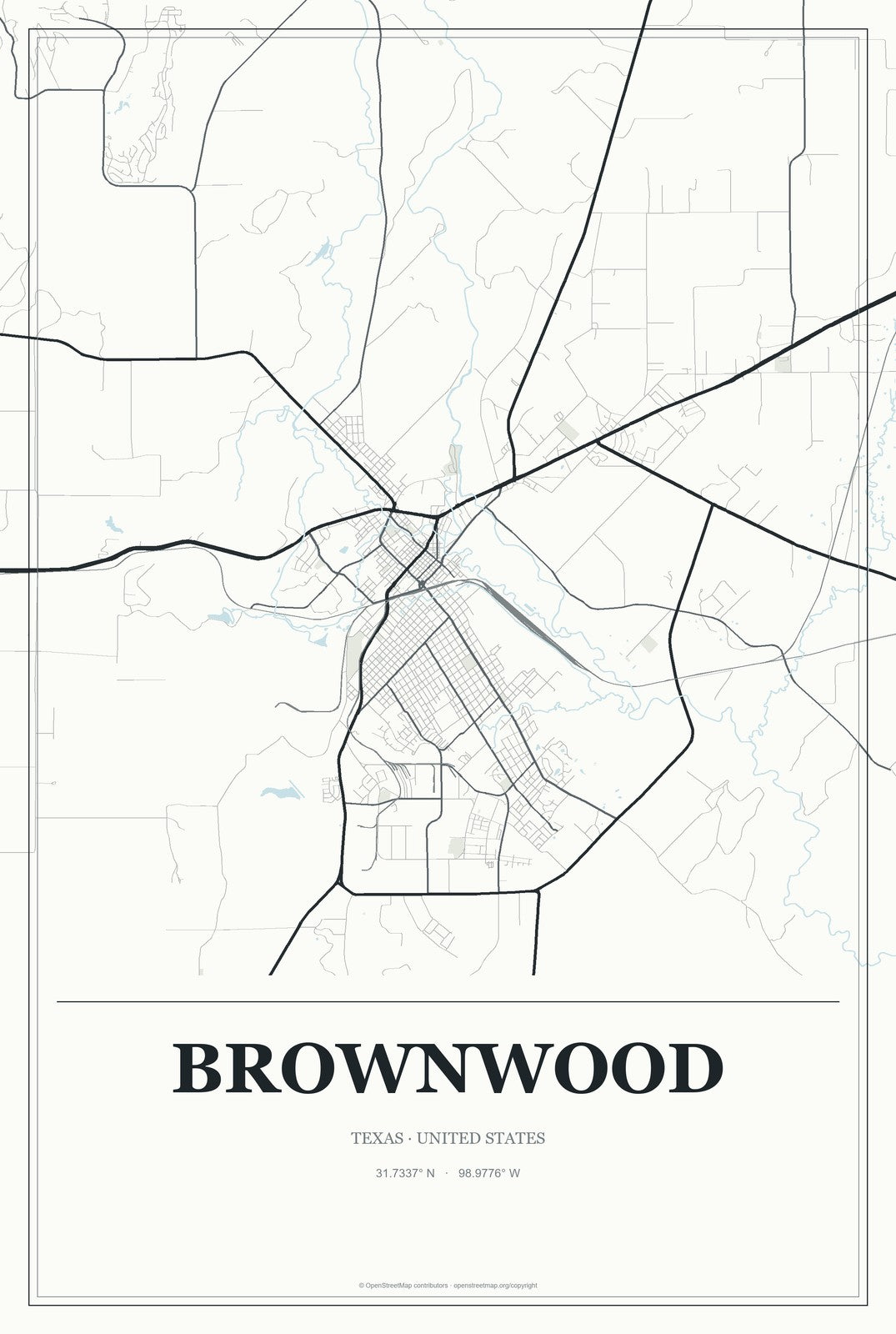 Brownwood, Texas City Map Aluminum Sign in Gallery Air style