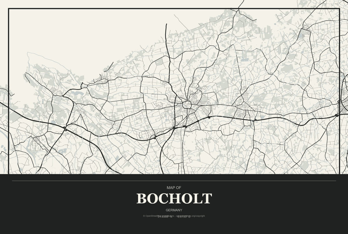 Bocholt, Germany City Map Aluminum Sign in Museum Plaque style