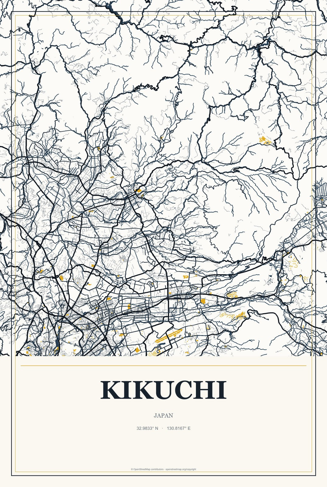 Kikuchi, Japan City Map Aluminum Sign in Citrine Modern style