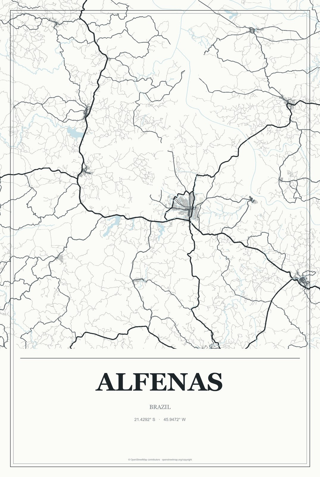 Alfenas, Brazil City Map Aluminum Sign in Gallery Air style