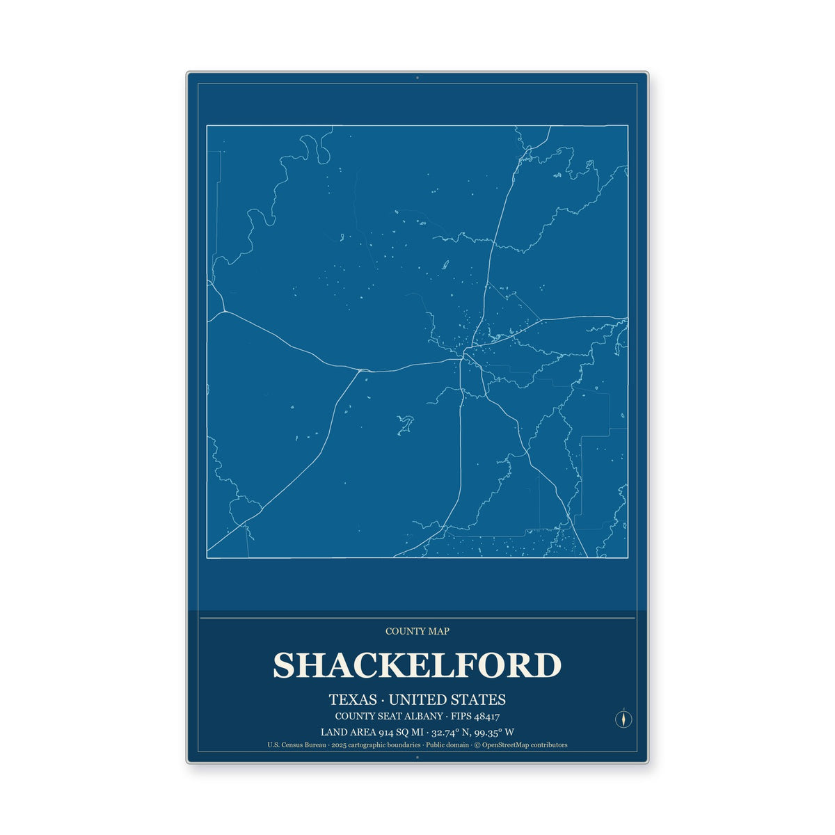 Shackelford County, Texas Map Aluminum Sign in Harbor Cobalt style