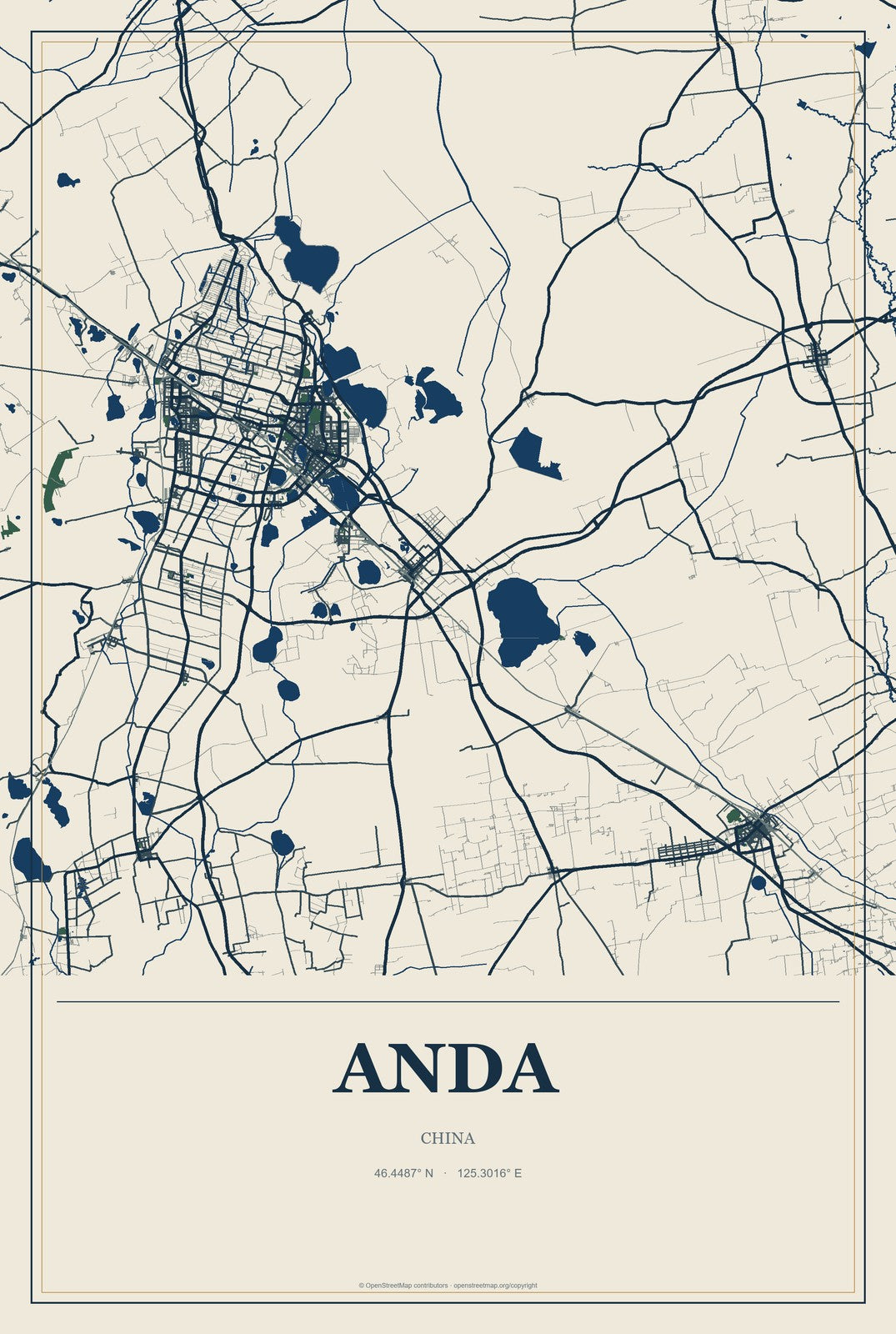 Anda, China City Map Aluminum Sign in Coastal Cutout style