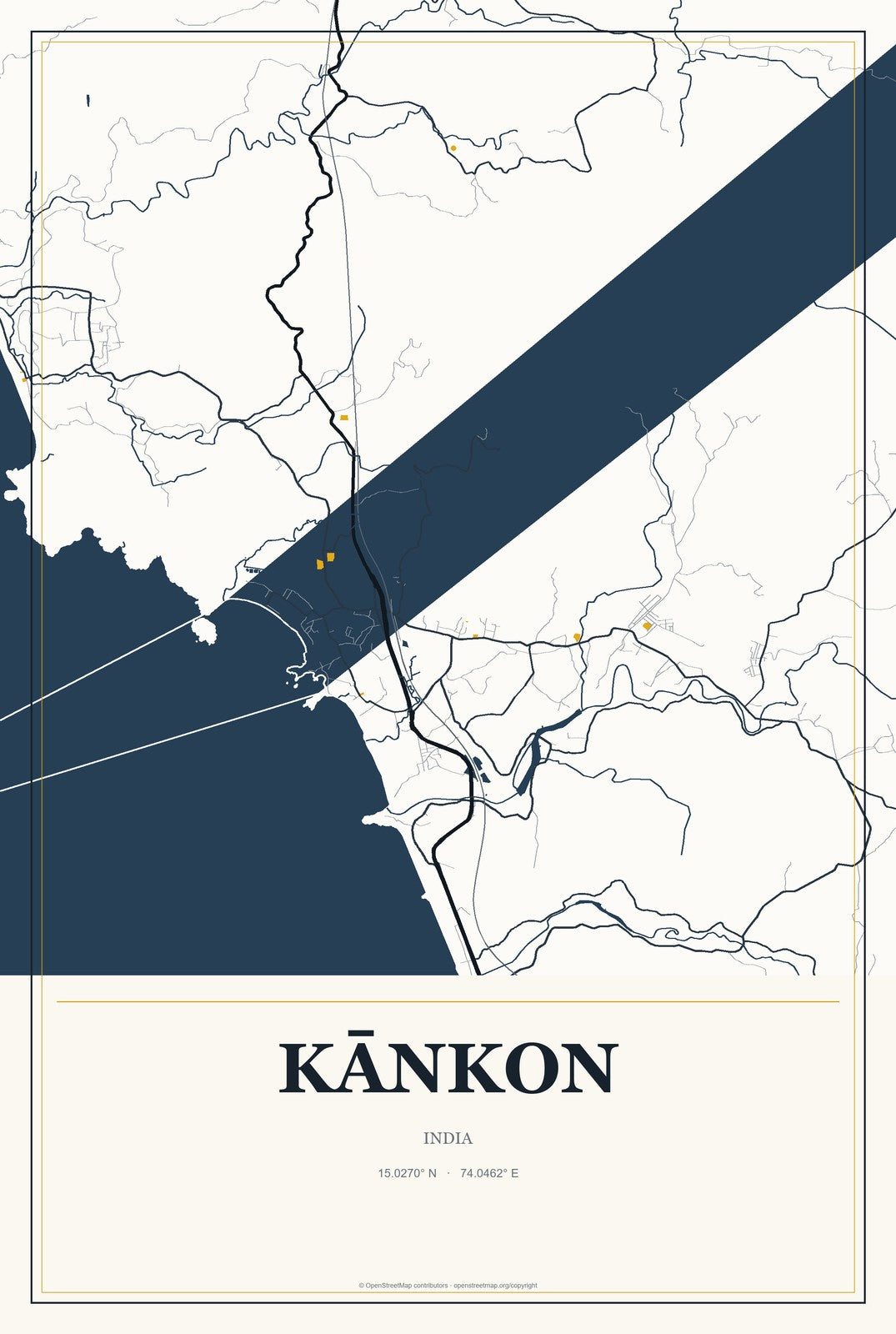 Kānkon, India City Map Aluminum Sign in Citrine Modern style