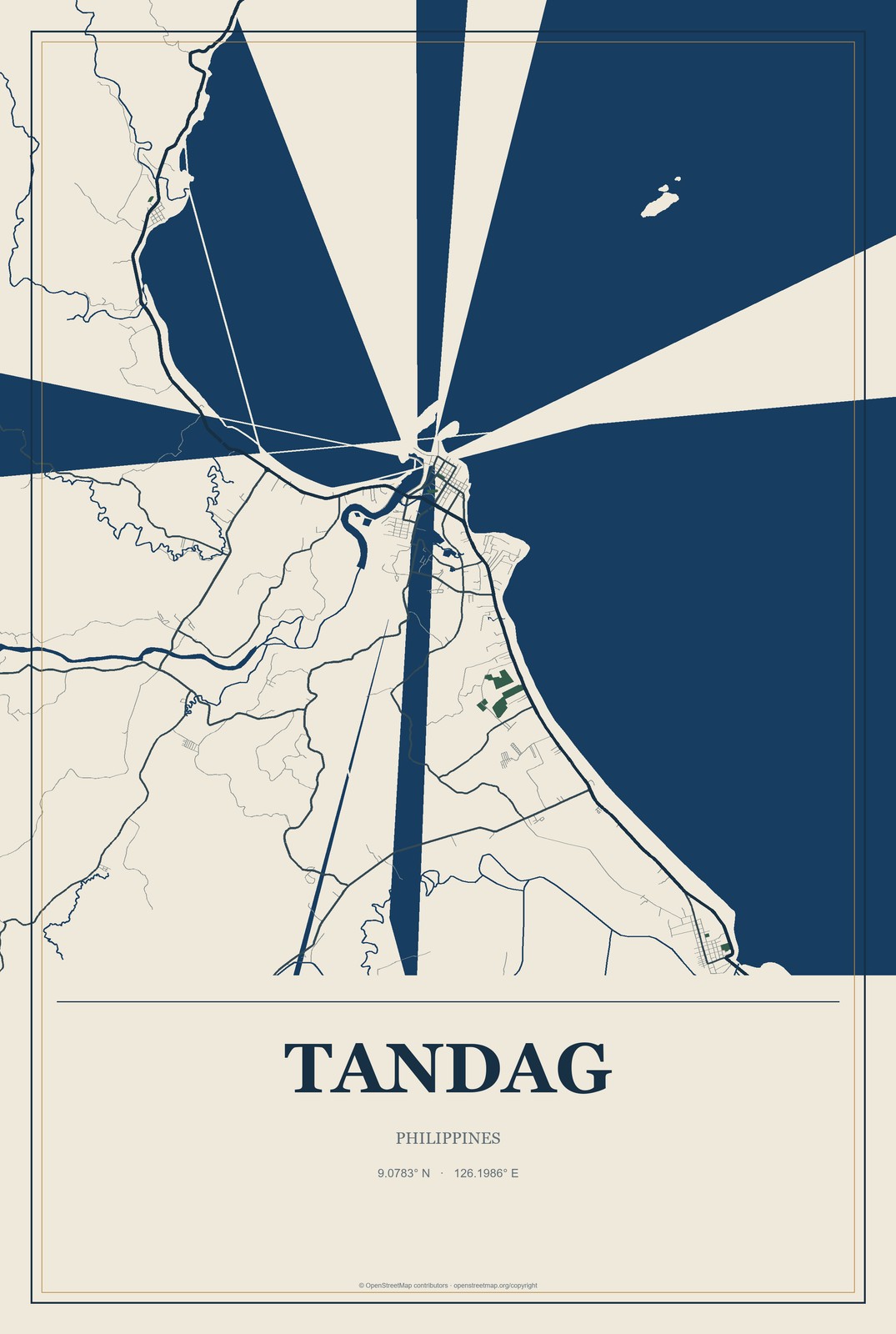 Tandag, Philippines City Map Aluminum Sign in Coastal Cutout style