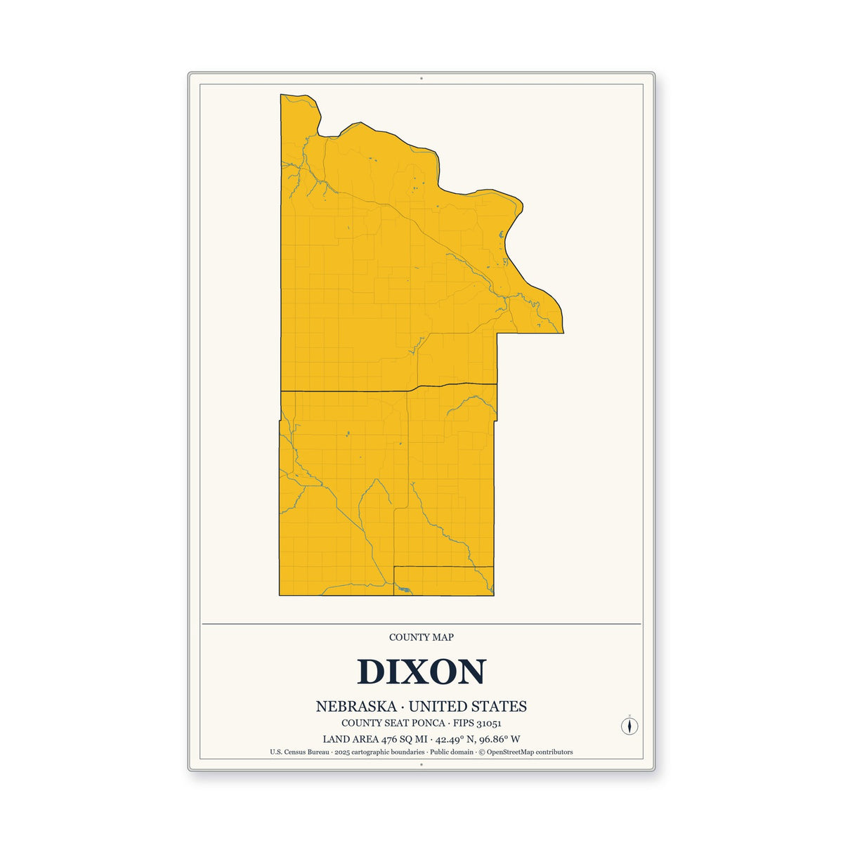 Dixon County, Nebraska Map Aluminum Sign in Citrine Modern style