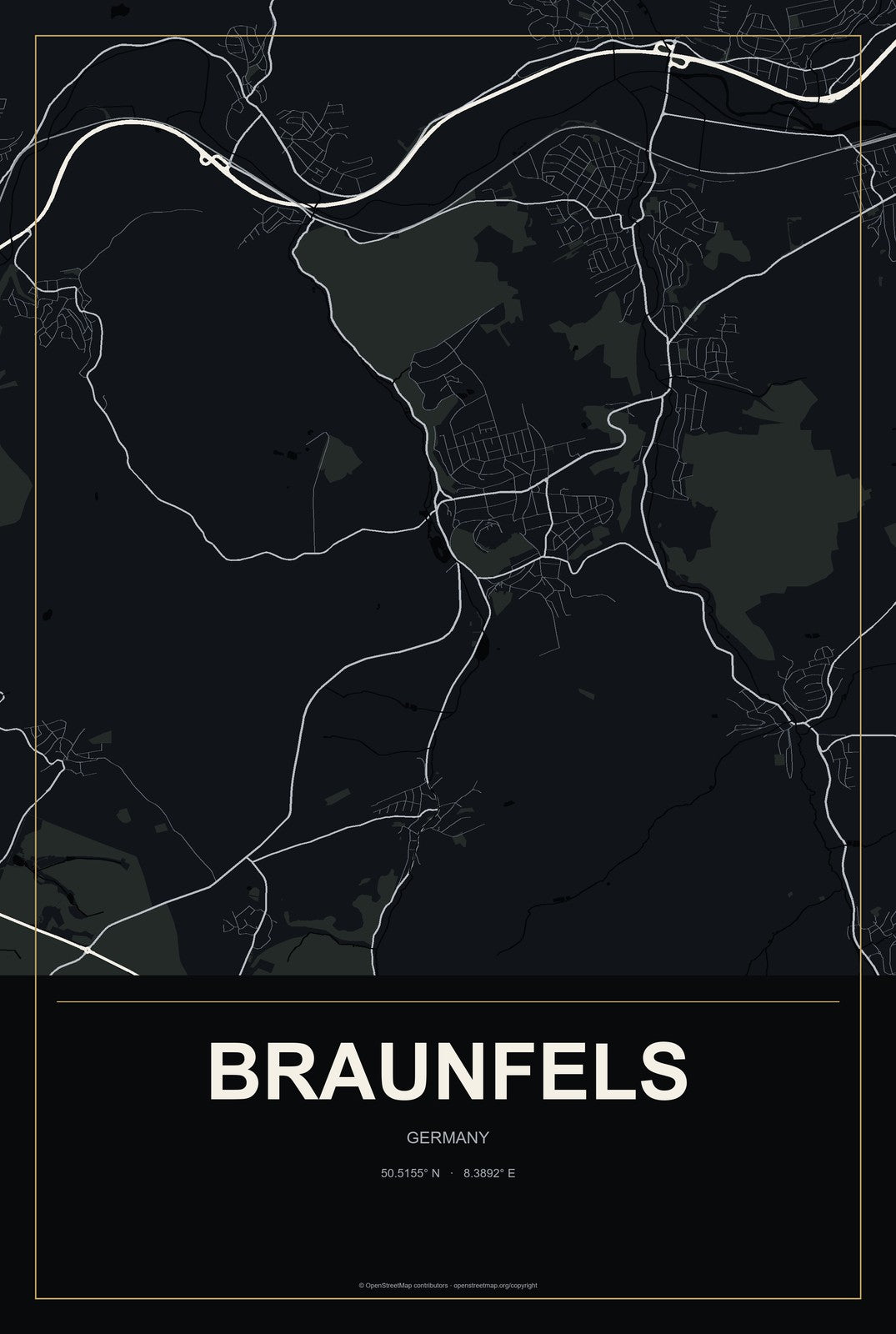 Braunfels, Germany City Map Aluminum Sign in Metropolitan Noir style