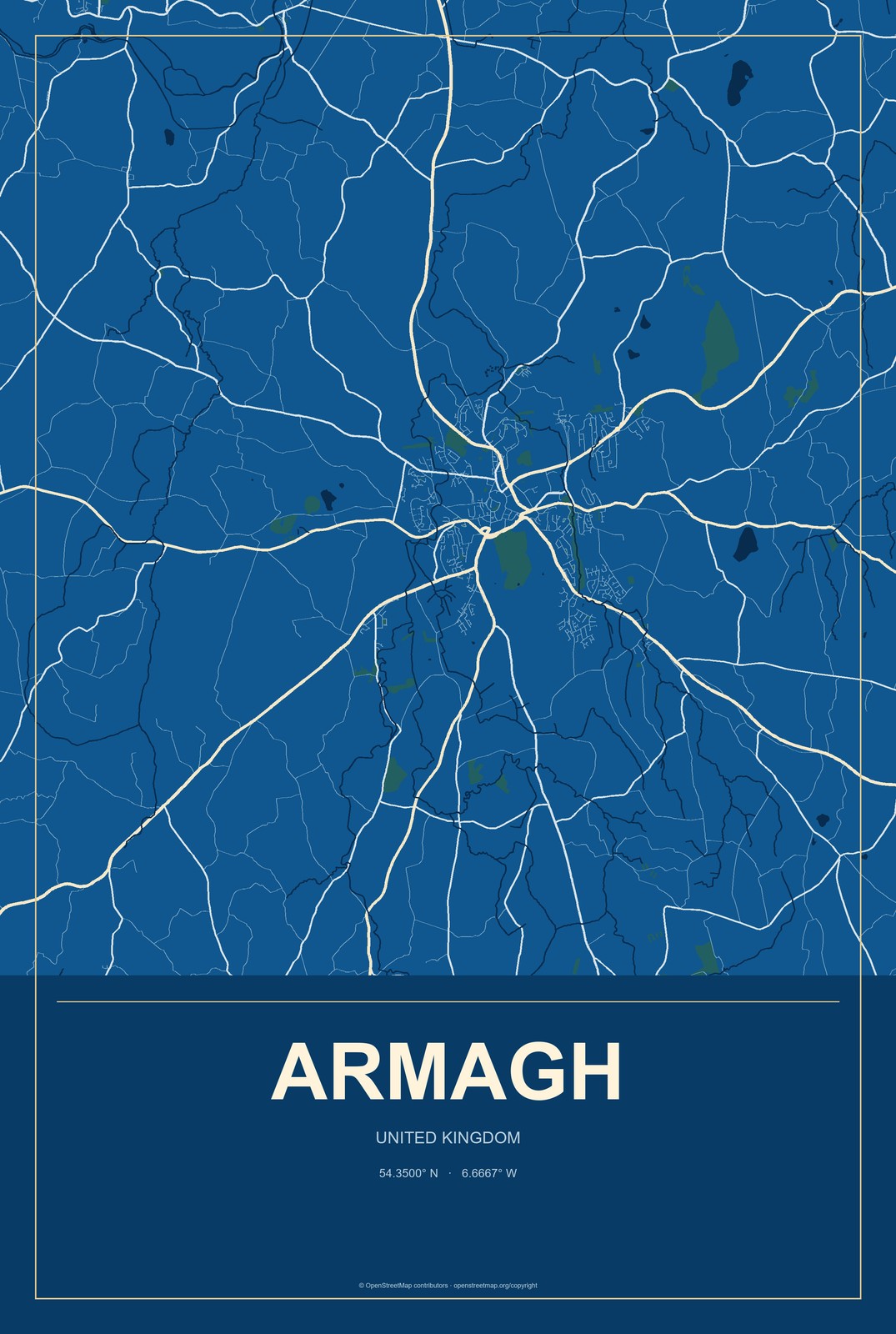 Armagh, United Kingdom City Map Aluminum Sign in Harbor Cobalt style