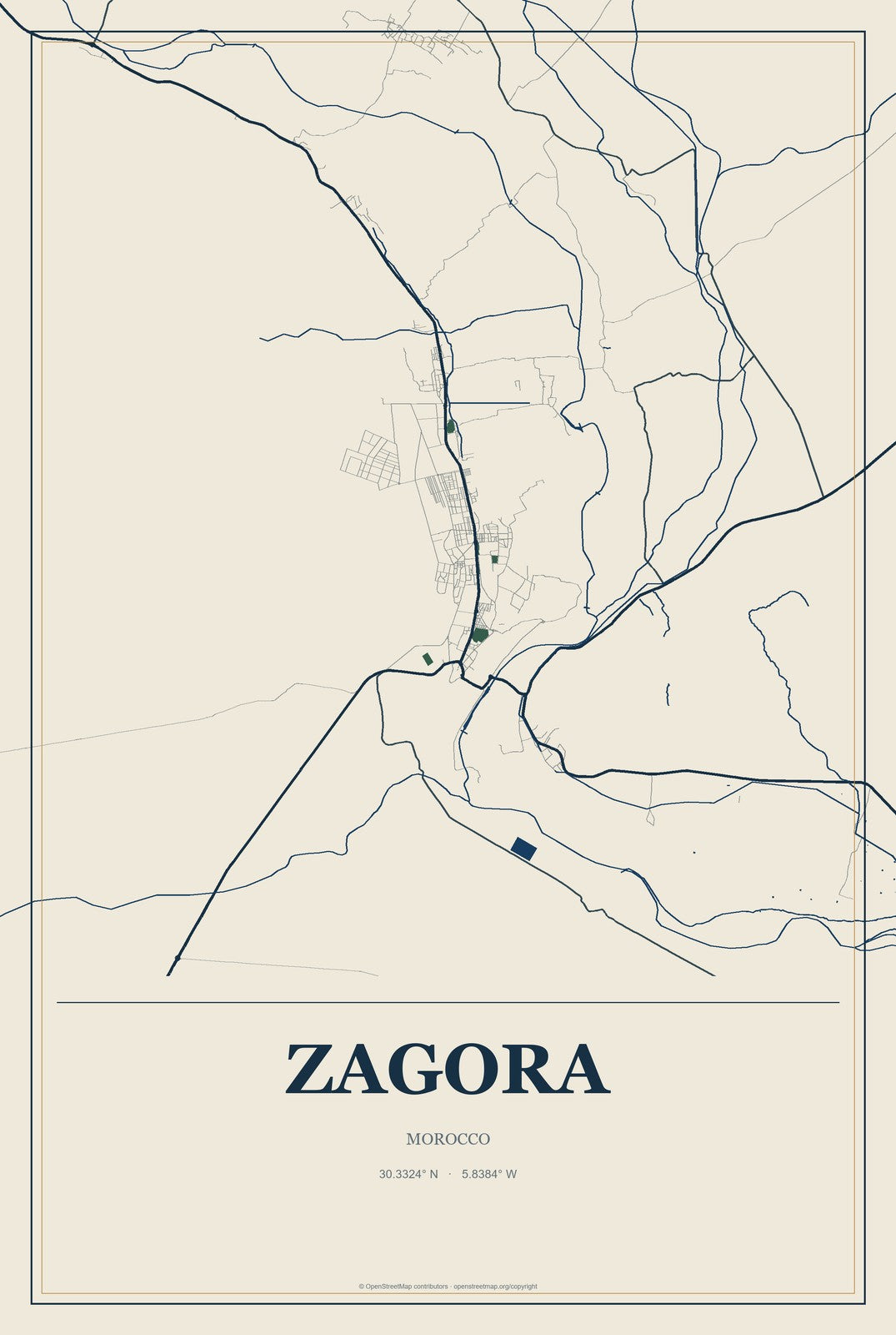 Zagora, Morocco City Map Aluminum Sign in Coastal Cutout style