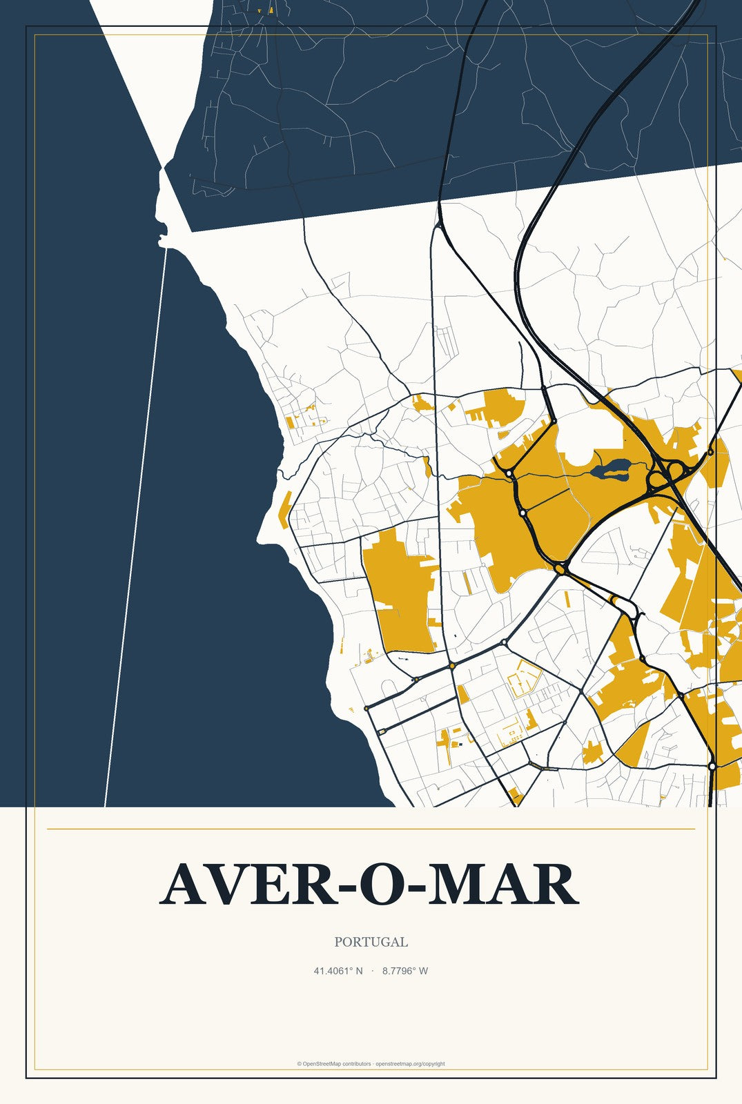 Aver-o-Mar, Portugal City Map Aluminum Sign in Citrine Modern style