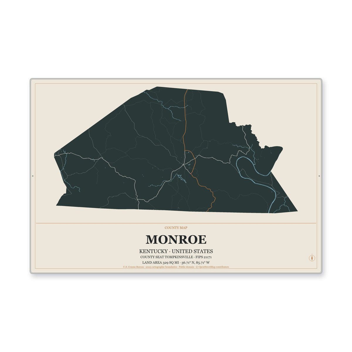 Monroe County, Kentucky Map Aluminum Sign in Headline Atlas style