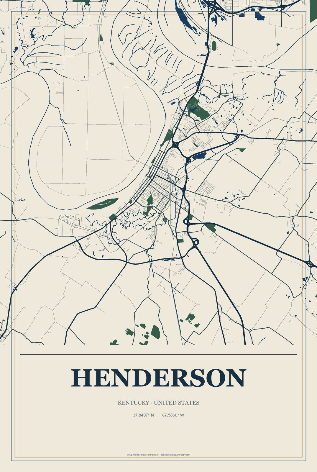 Henderson, Kentucky City Map Aluminum Sign in Coastal Cutout style