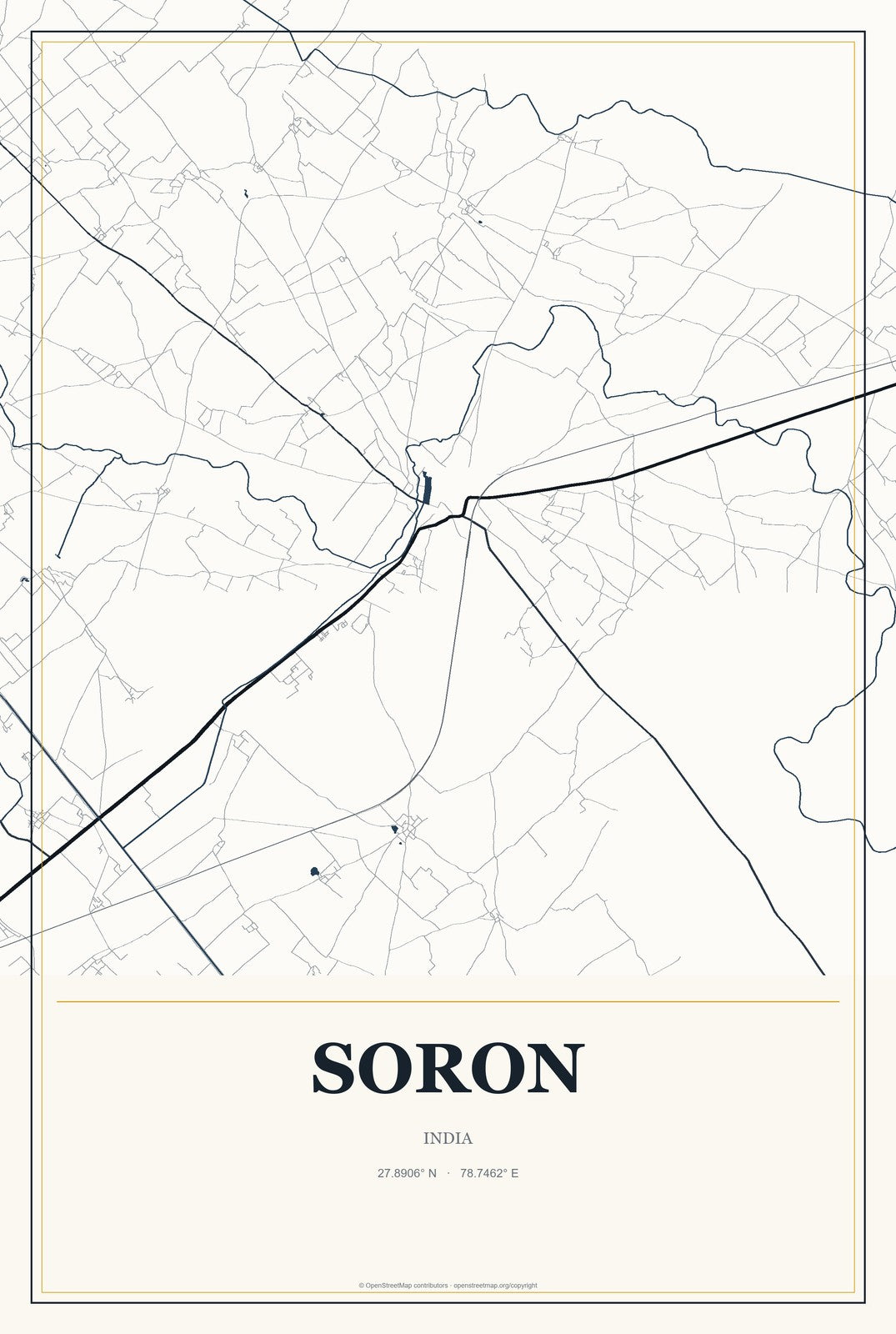 Soron, India City Map Aluminum Sign in Citrine Modern style