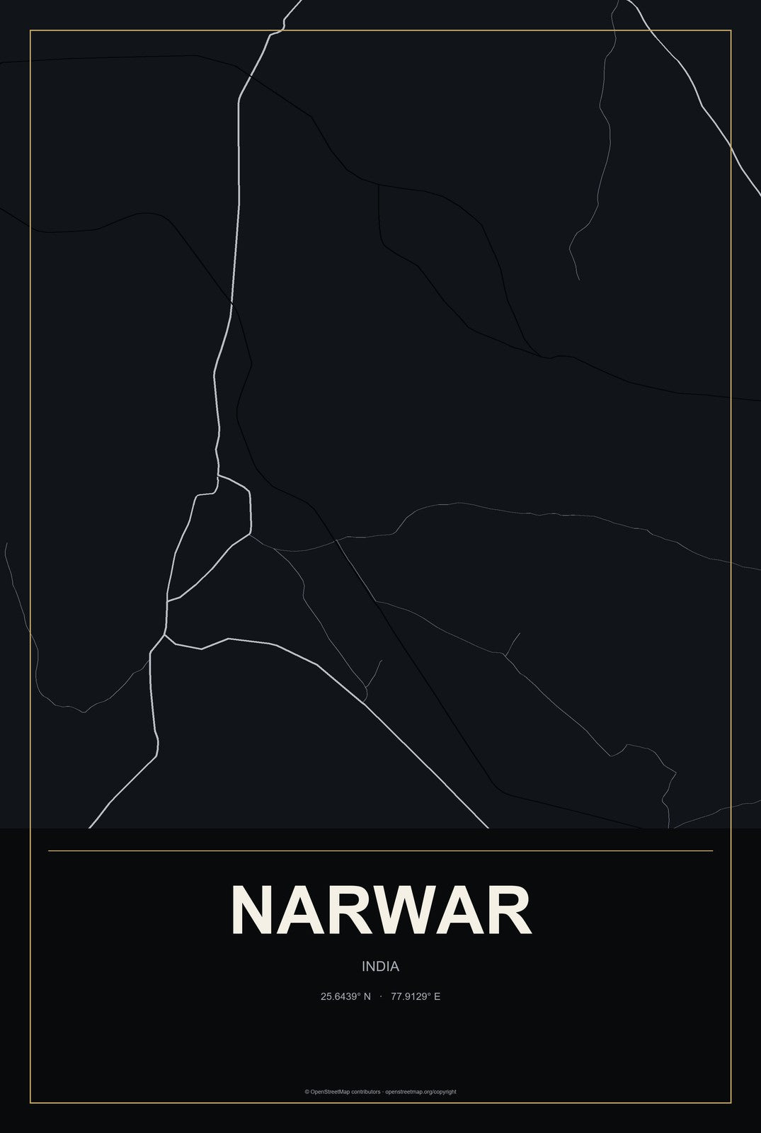 Narwar, India City Map Aluminum Sign in Metropolitan Noir style