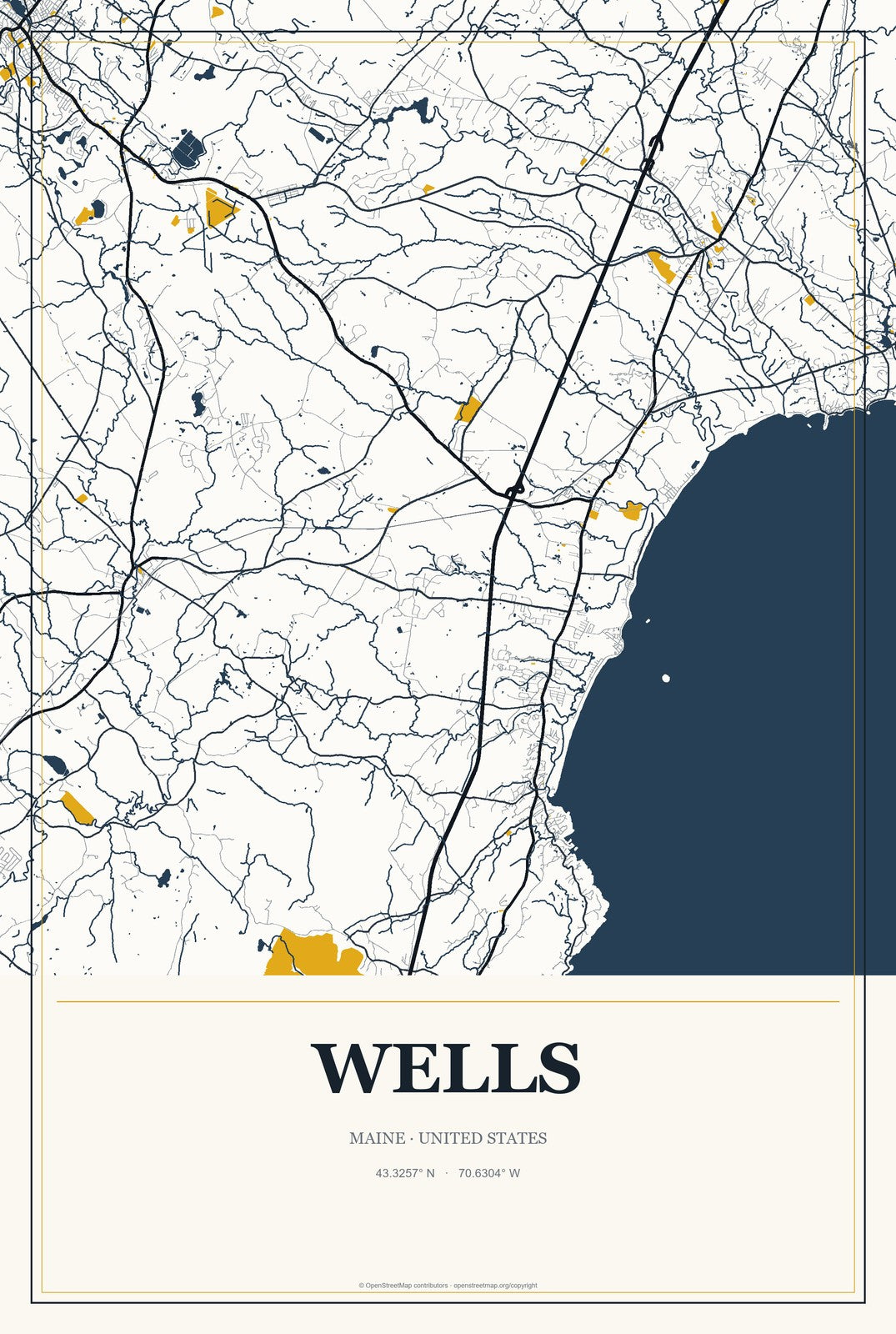 Wells, Maine City Map Aluminum Sign in Citrine Modern style