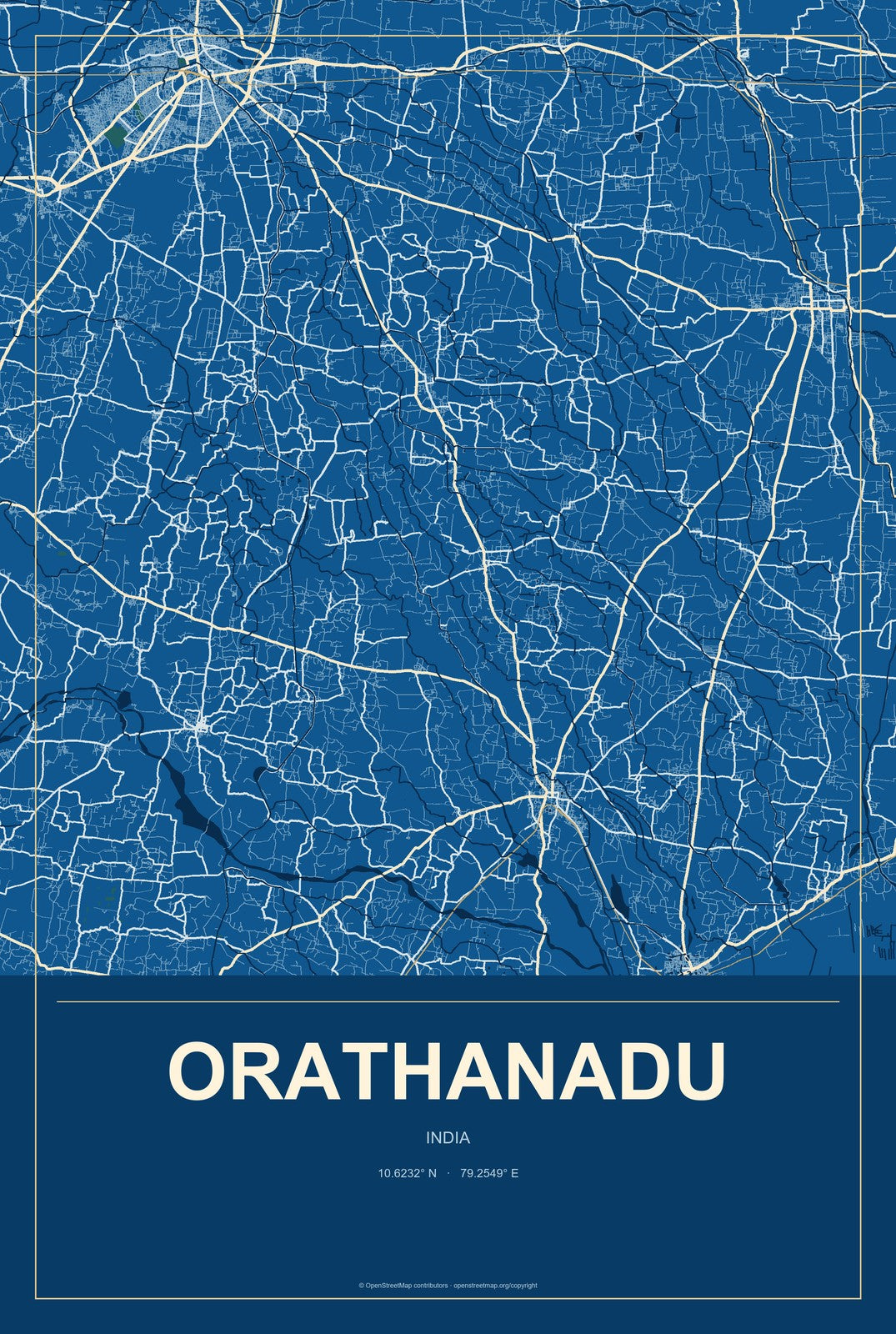 Orathanadu, India City Map Aluminum Sign in Harbor Cobalt style