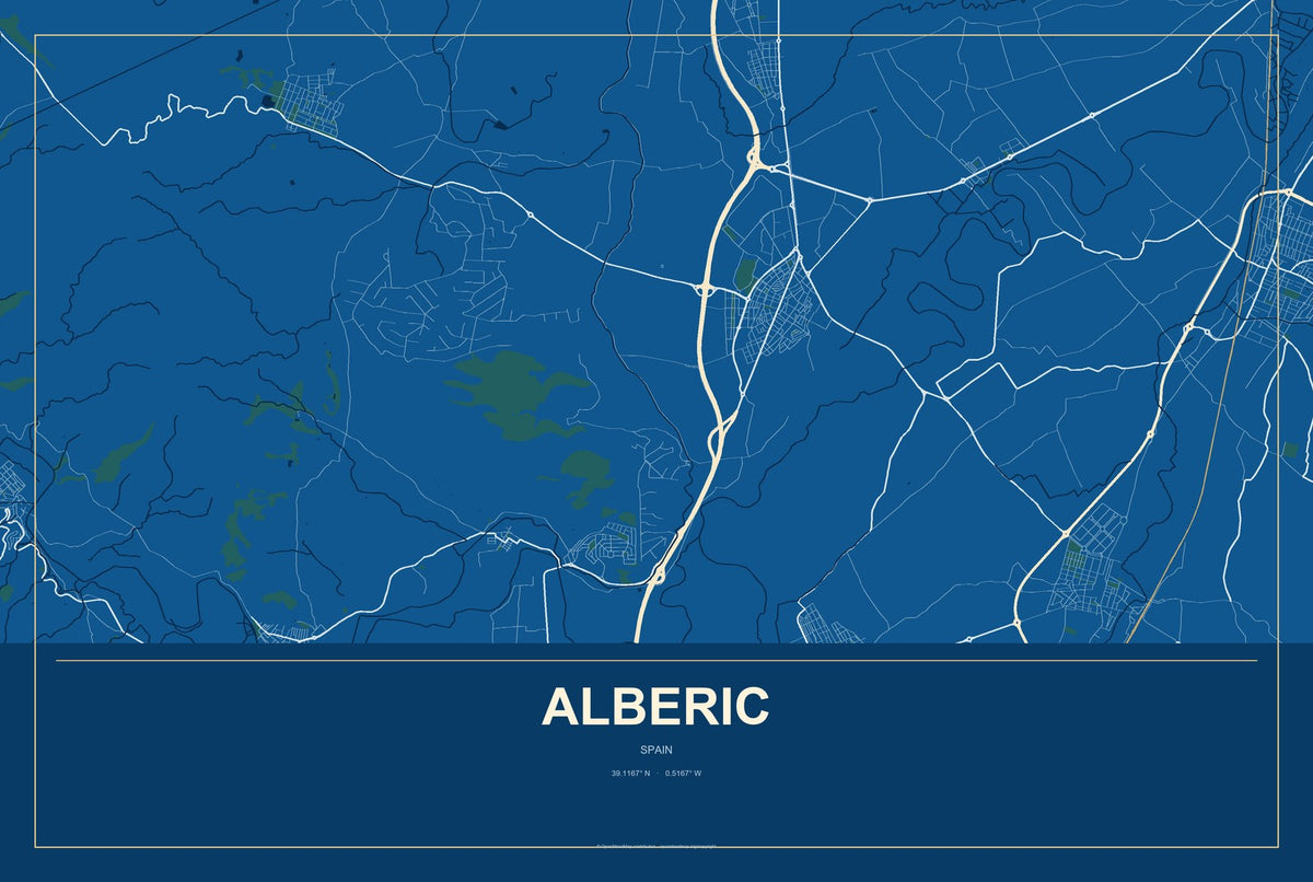 Alberic, Spain City Map Aluminum Sign in Harbor Cobalt style