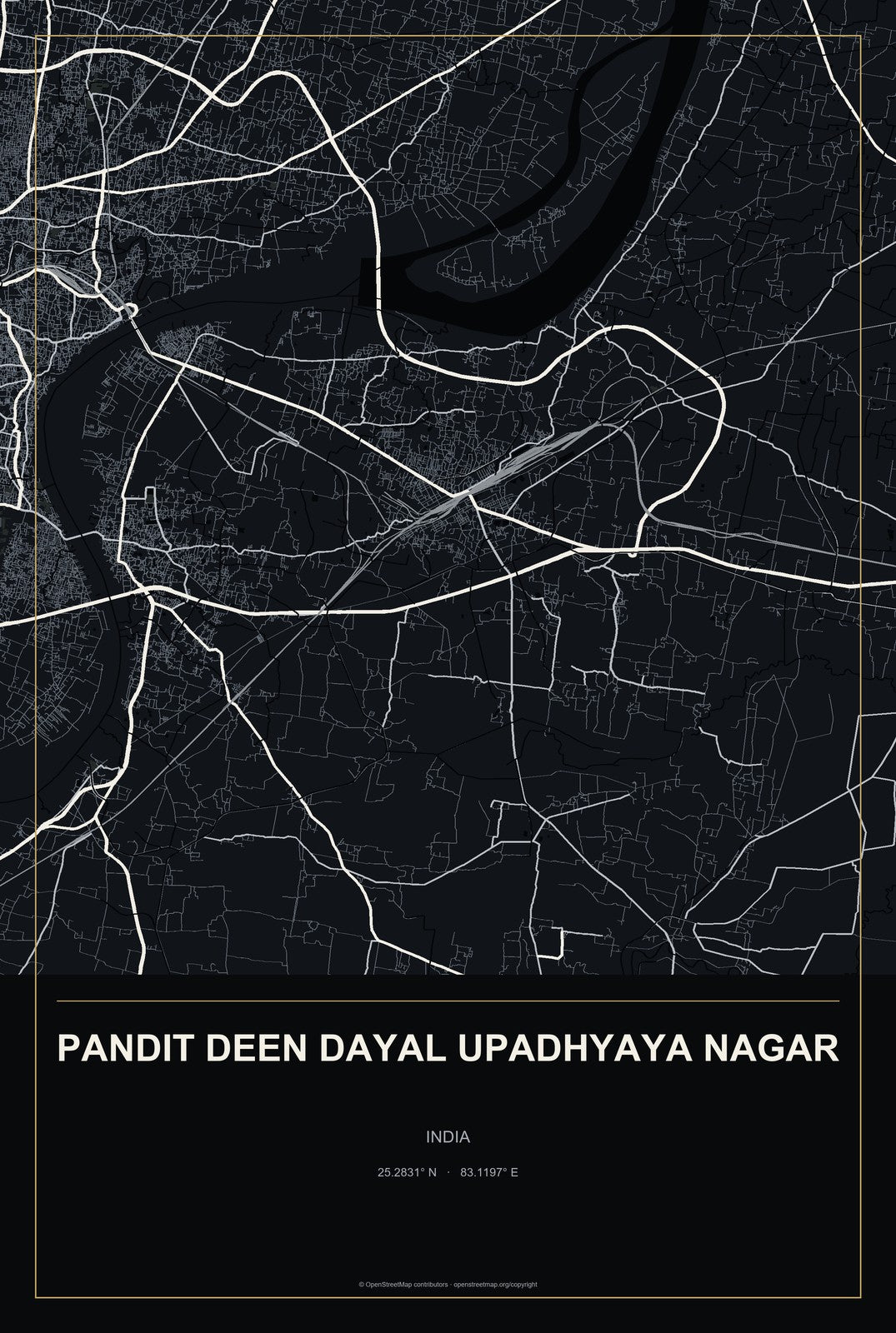 Pandit Deen Dayal Upadhyaya Nagar, India City Map Aluminum Sign in Metropolitan Noir style