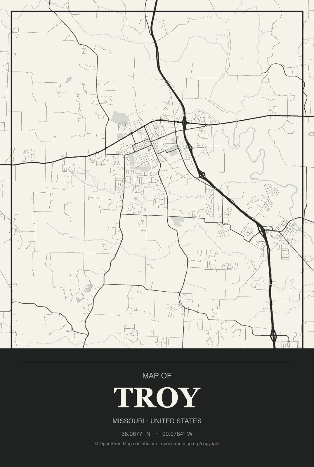 Troy, Missouri City Map Aluminum Sign in Museum Plaque style