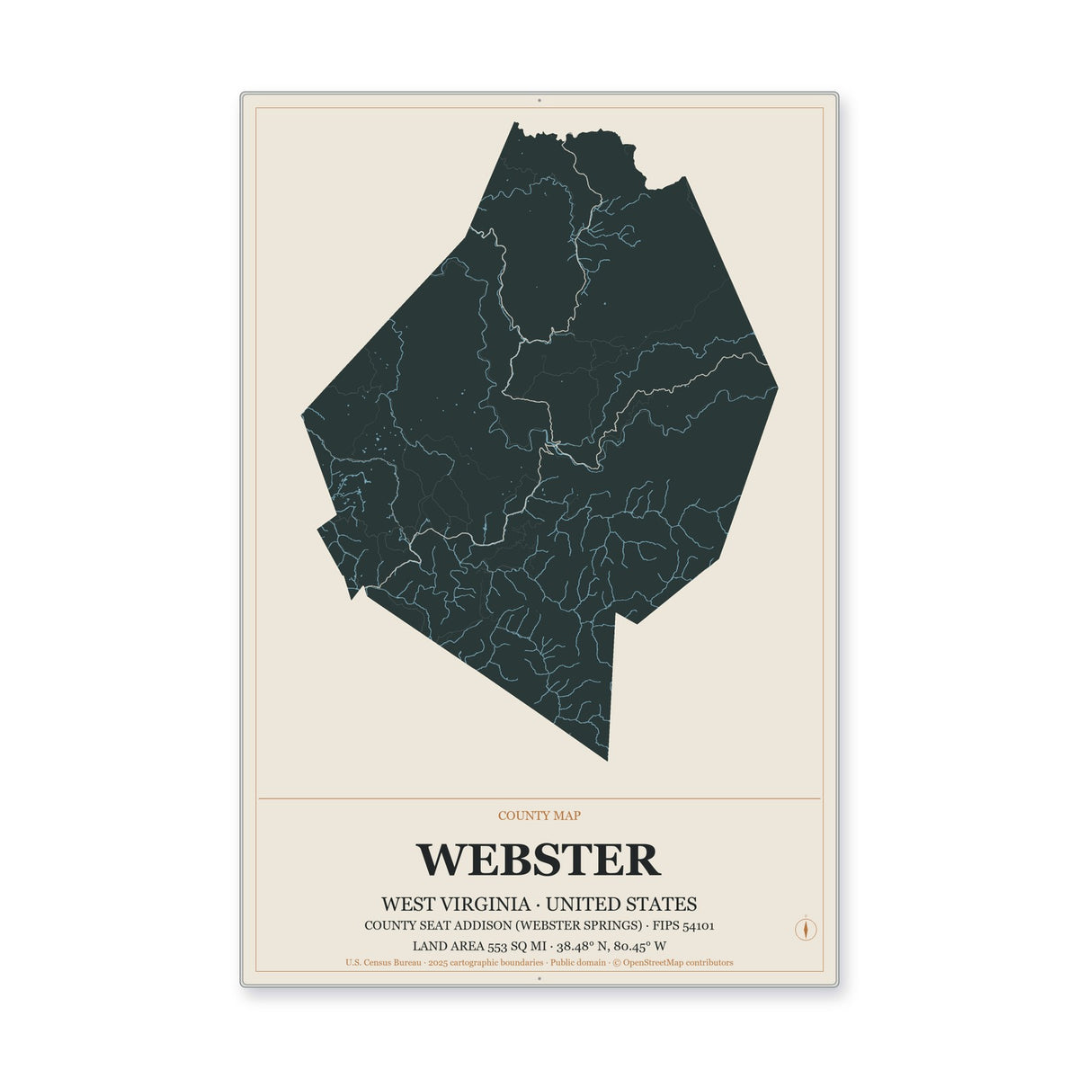 Webster County, West Virginia Map Aluminum Sign in Headline Atlas style