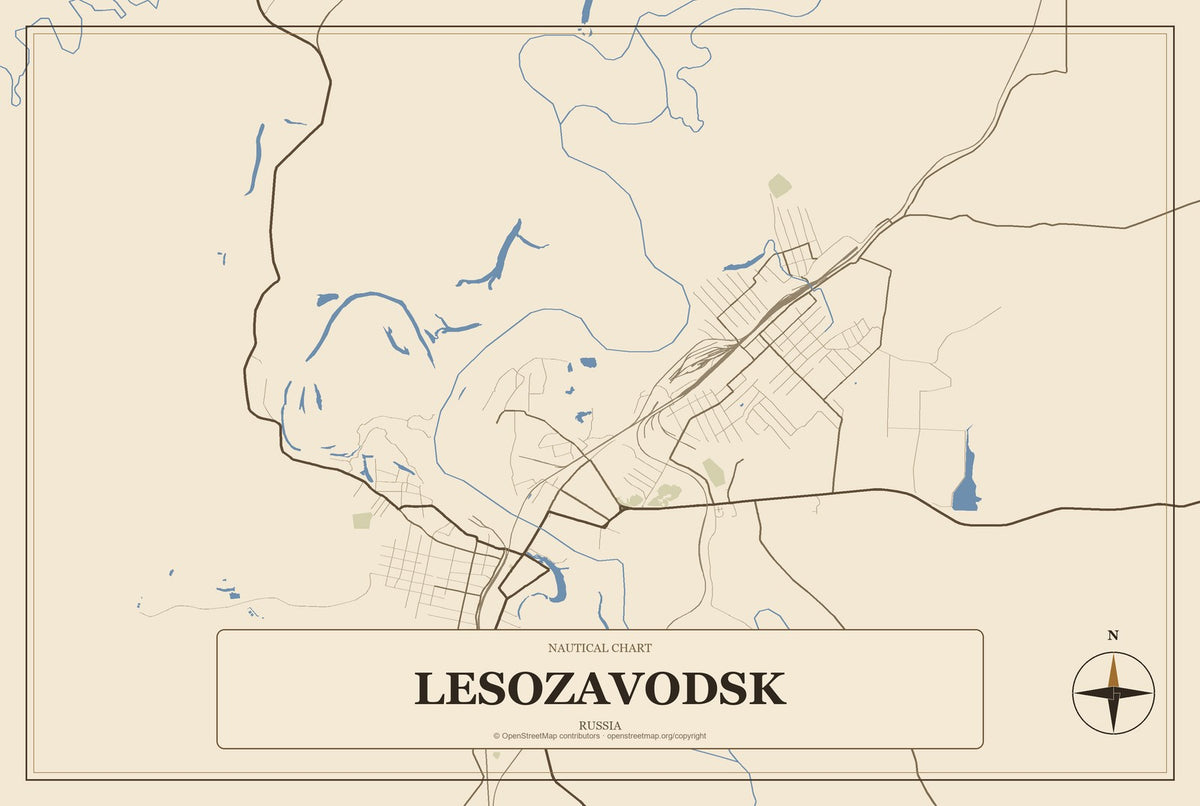 Lesozavodsk, Russia City Map Aluminum Sign in Heritage Nautical style