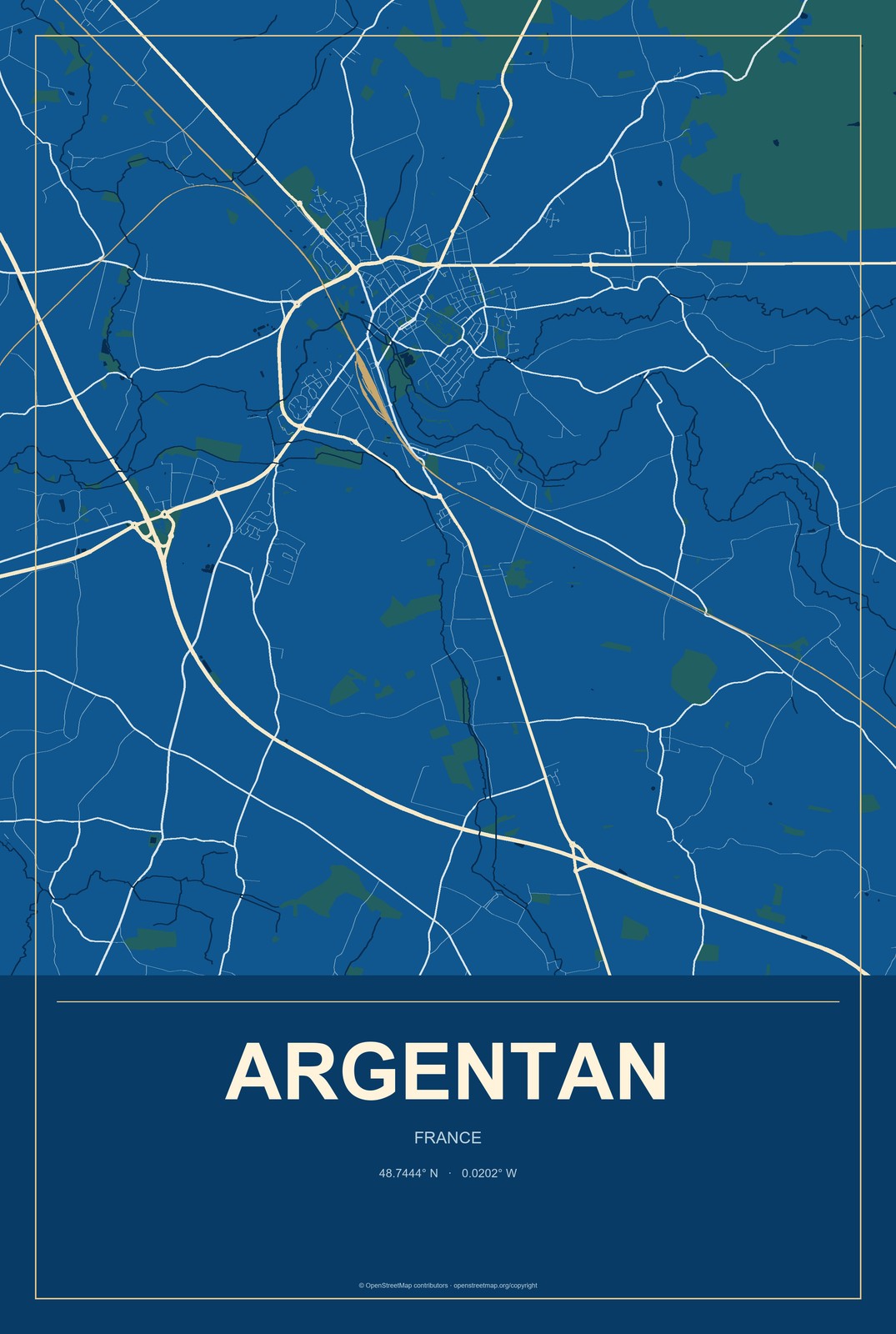 Argentan, France City Map Aluminum Sign in Harbor Cobalt style
