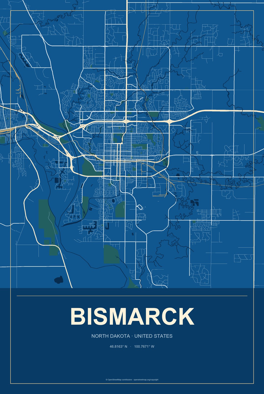 Bismarck, North Dakota City Map Aluminum Sign in Harbor Cobalt style