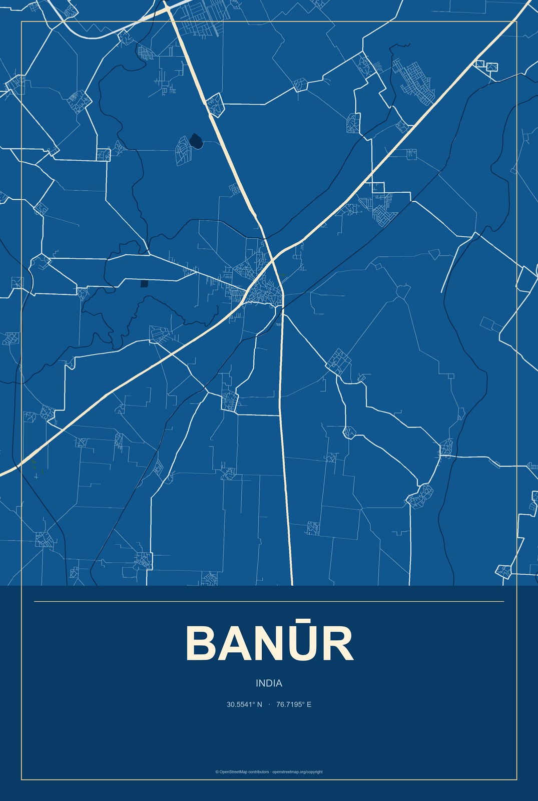 Banūr, India City Map Aluminum Sign in Harbor Cobalt style