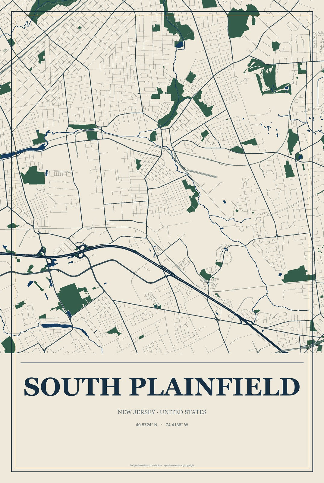 South Plainfield, New Jersey City Map Aluminum Sign in Coastal Cutout style