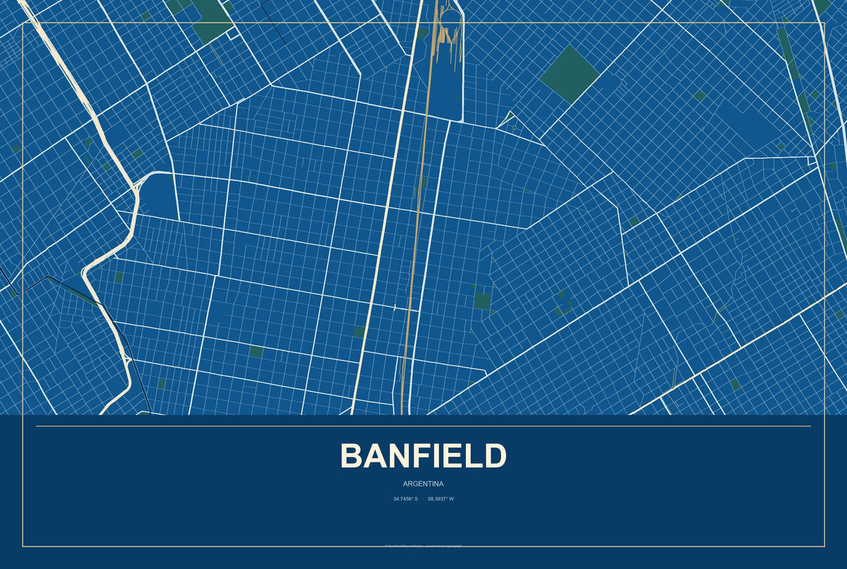 Banfield, Argentina City Map Aluminum Sign in Harbor Cobalt style