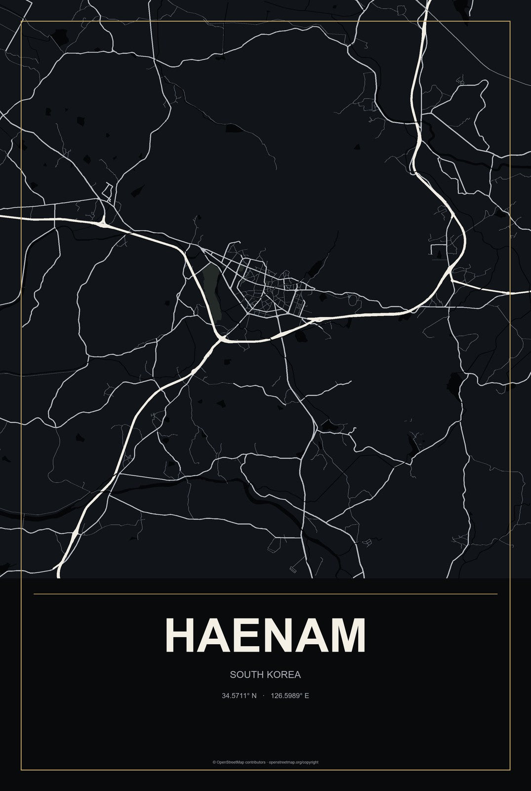 Haenam, South Korea City Map Aluminum Sign in Metropolitan Noir style